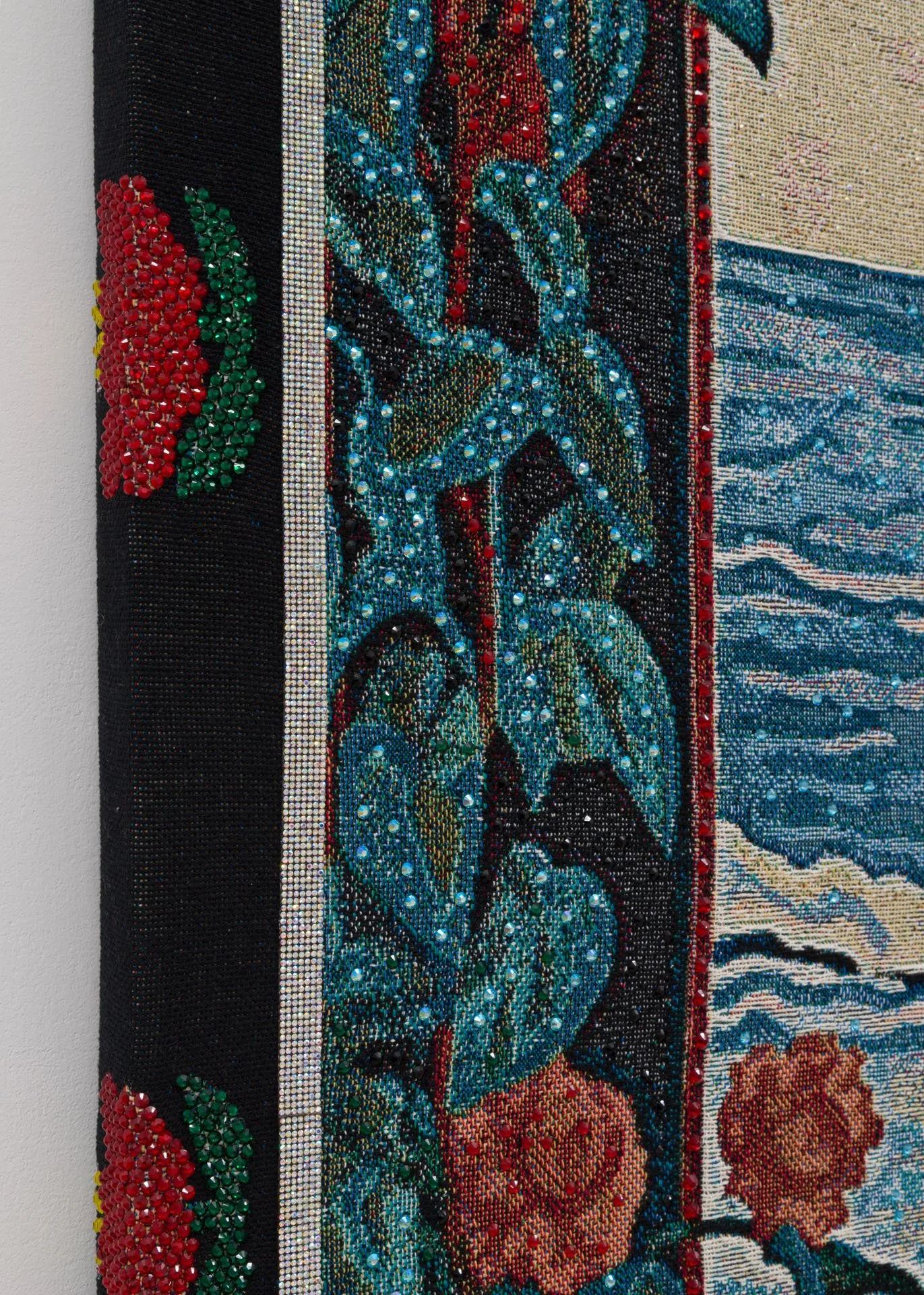 Akea Brionne,  Garden Portrait #1,   2023, Digital woven image on jacquard, rhinestones, poly-fil, and thread, detail