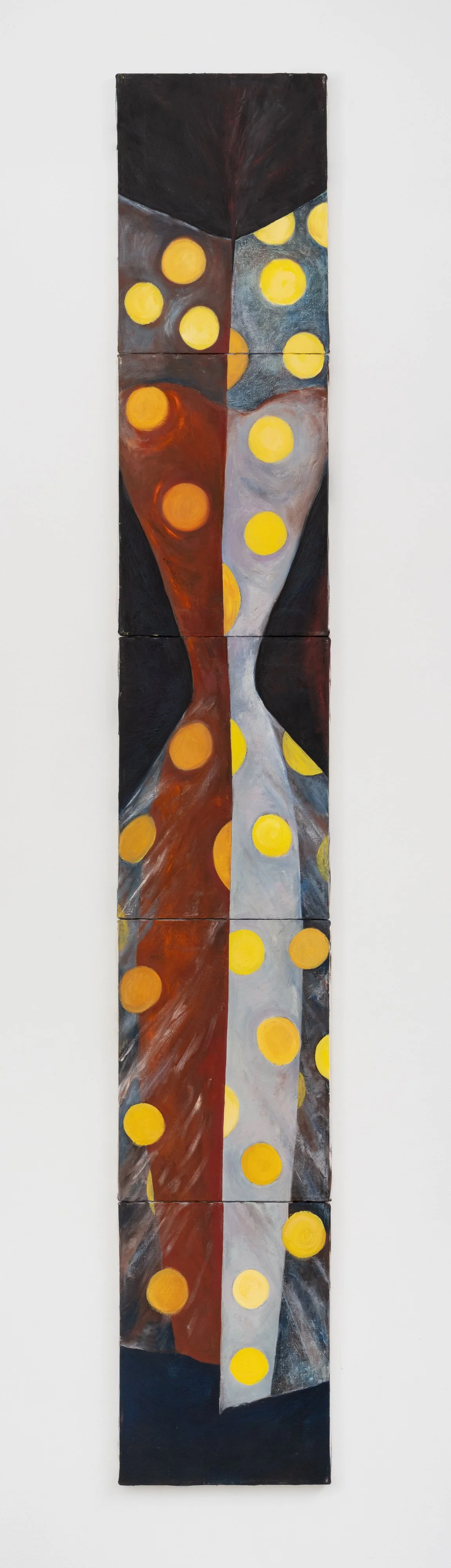   Mira Schor ,
 Yellow Dots , 1985,
Oil on 5 canvases,
80 x 12 inches,
203.2 x 30.48 cm