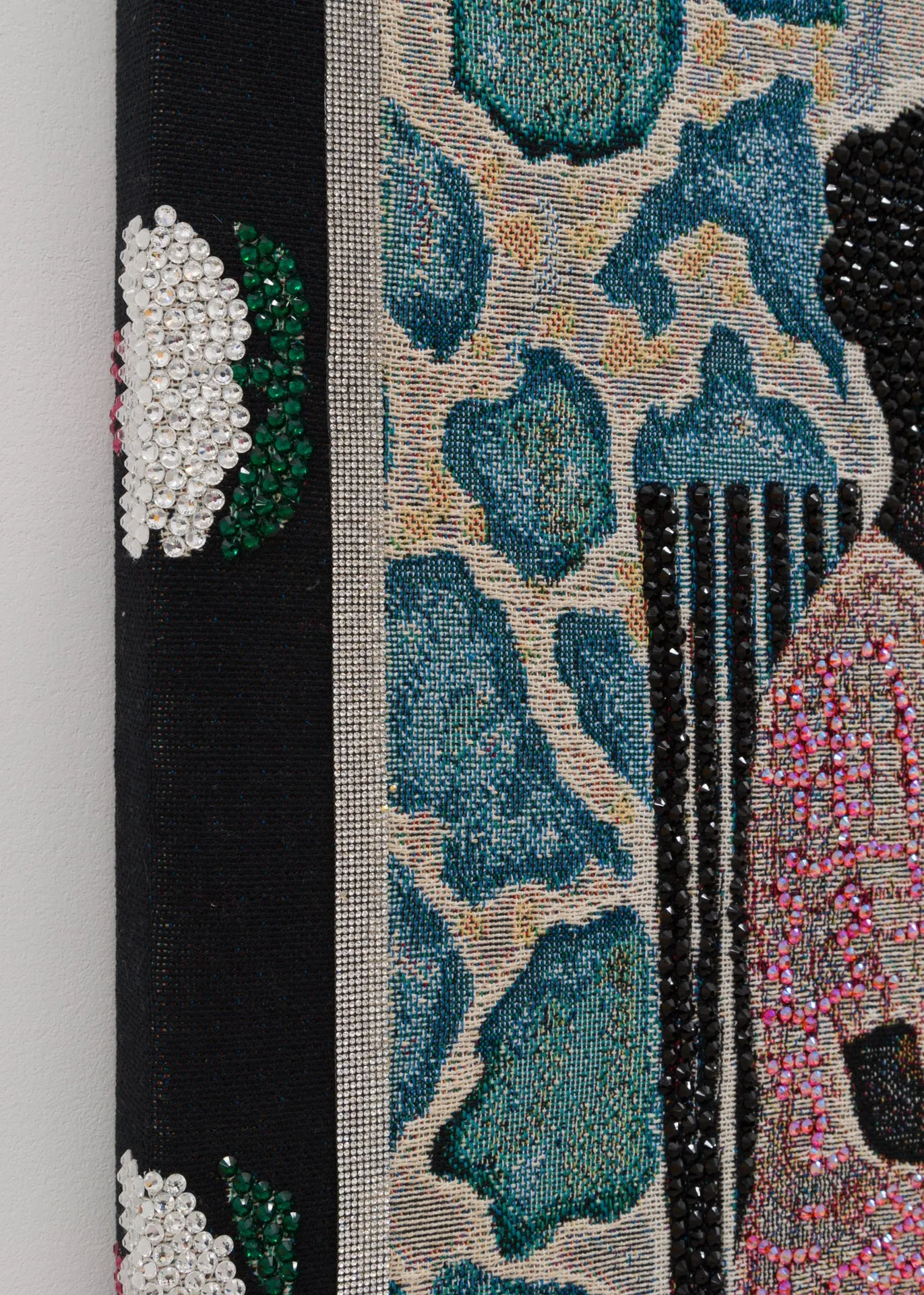 Akea Brionne,  Oh Dear,   2023, Digital woven image on jacquard, rhinestones, poly-fil, and thread, detail