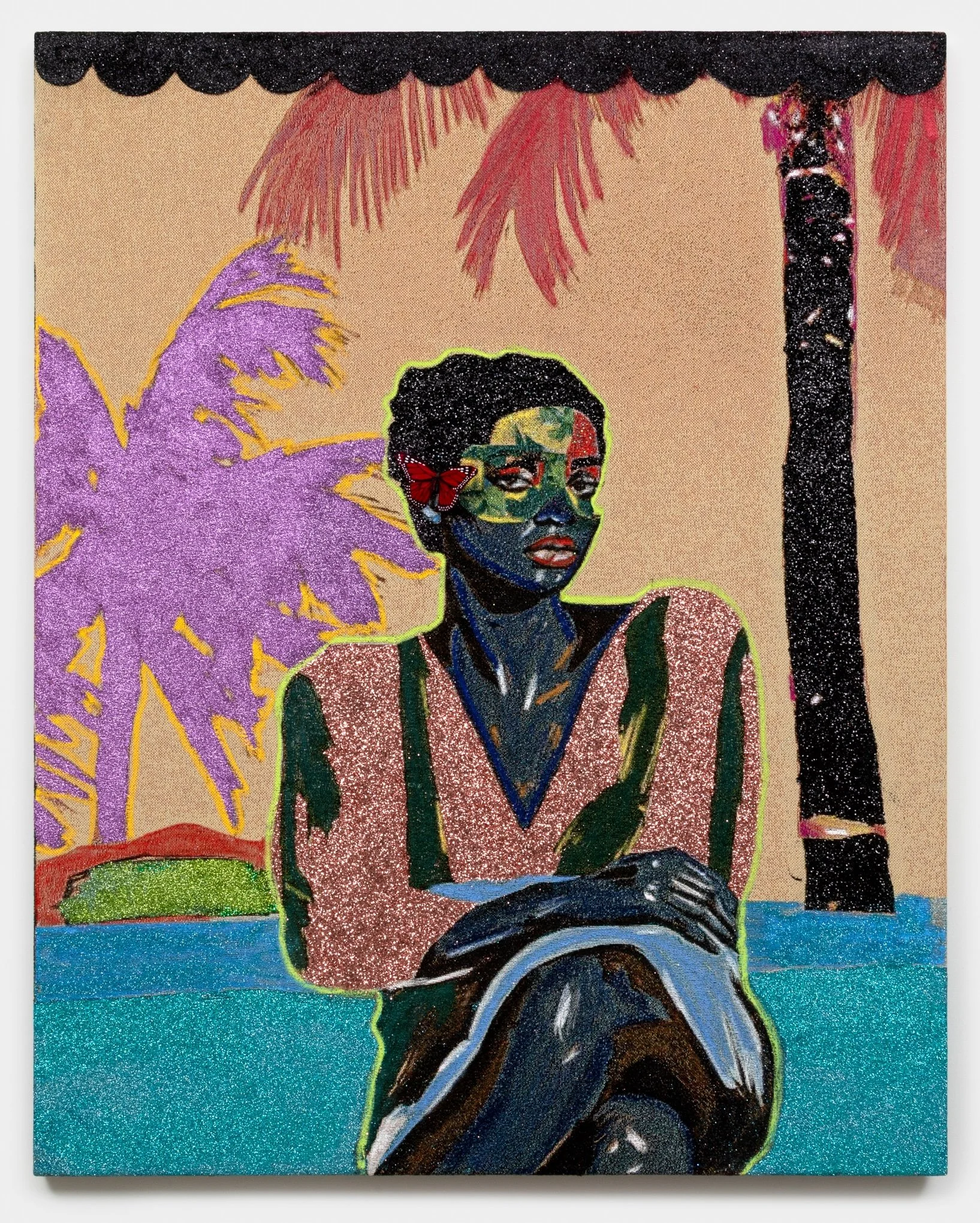 Akea Brionne 
 The Work of Sitting Still , 2025 
Jacquard, glitter, adhesive, oil stick, flocking, wire, feather, foam 
60 x 48 inches 
152.4 x 121.92 cm