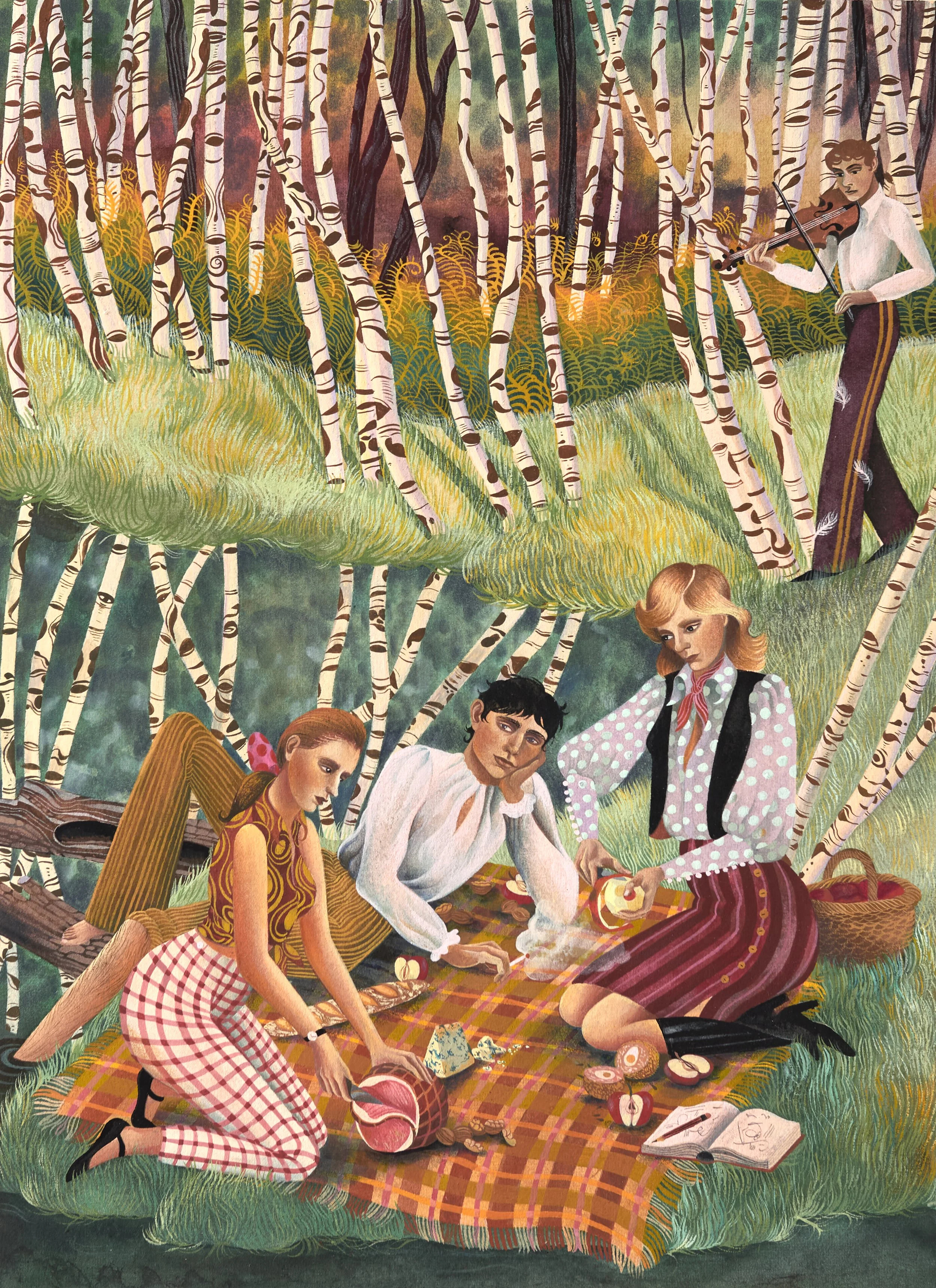  Jessie Makinson ,
 Leave your gloves by the river , 2026,
Gouache and colored pencil on paper,
Sapele frame,
Image: 11.42 × 8.27 inches, 29 x 21 cm,
Frame: 18.9 × 14.17 inches, 48 x 36 cm