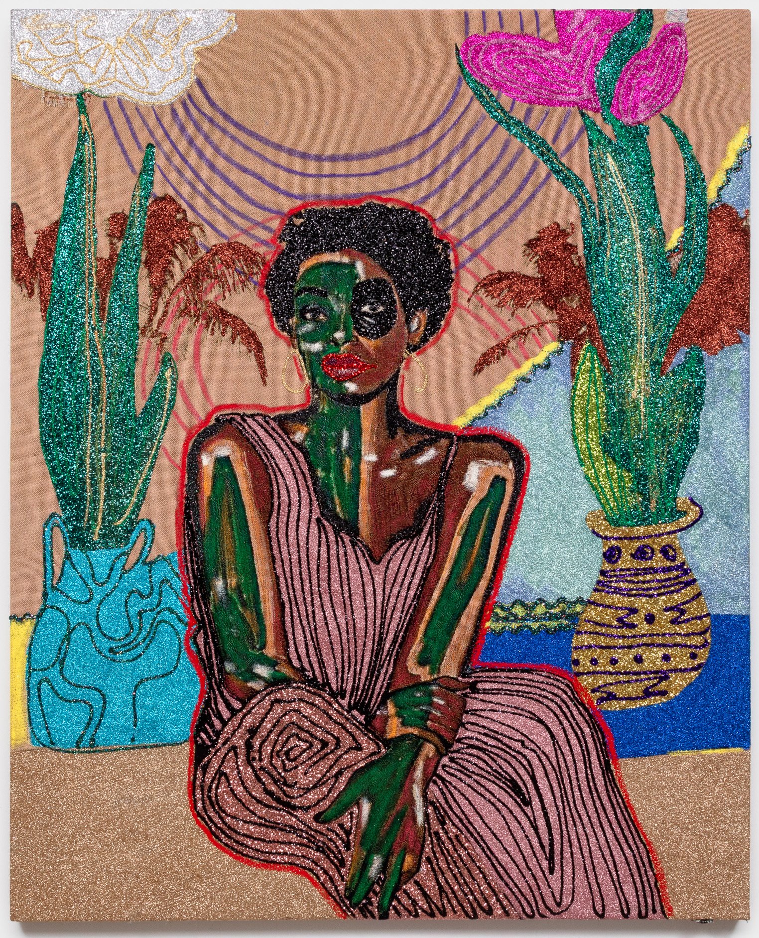  Akea Brionne ,
 The Garden Does Not Rush , 2025,
jacquard, glitter, adhesive, oil stick,
60 x 48 inches,
152.4 x 121.92 cm.