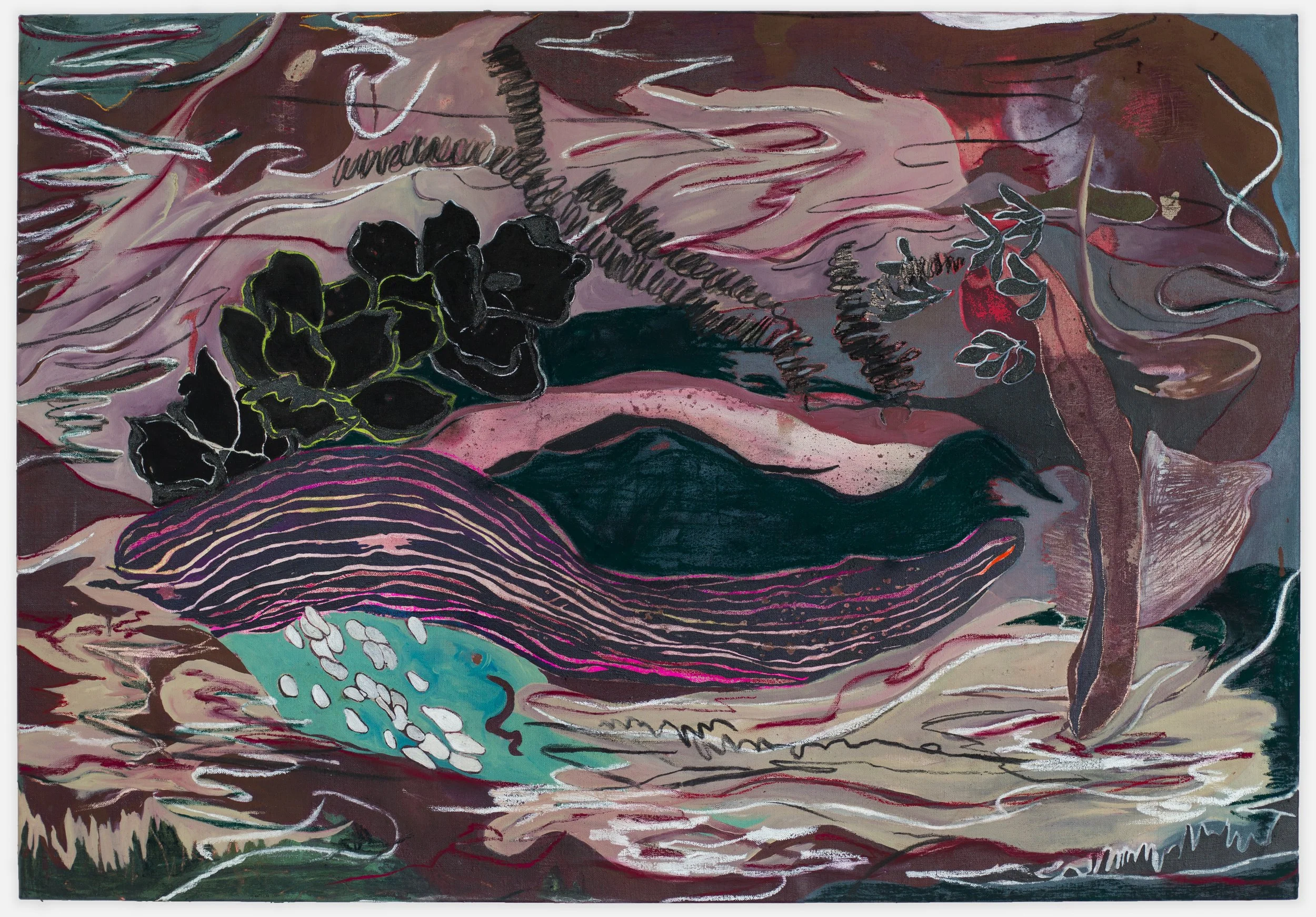  Fernanda Galvão ,
 Whale , 2026,
Charcoal, dry pastel, oil bar, and oil on linen,
35 3/8 x 51 1/8 inches,
90 x 130 cm