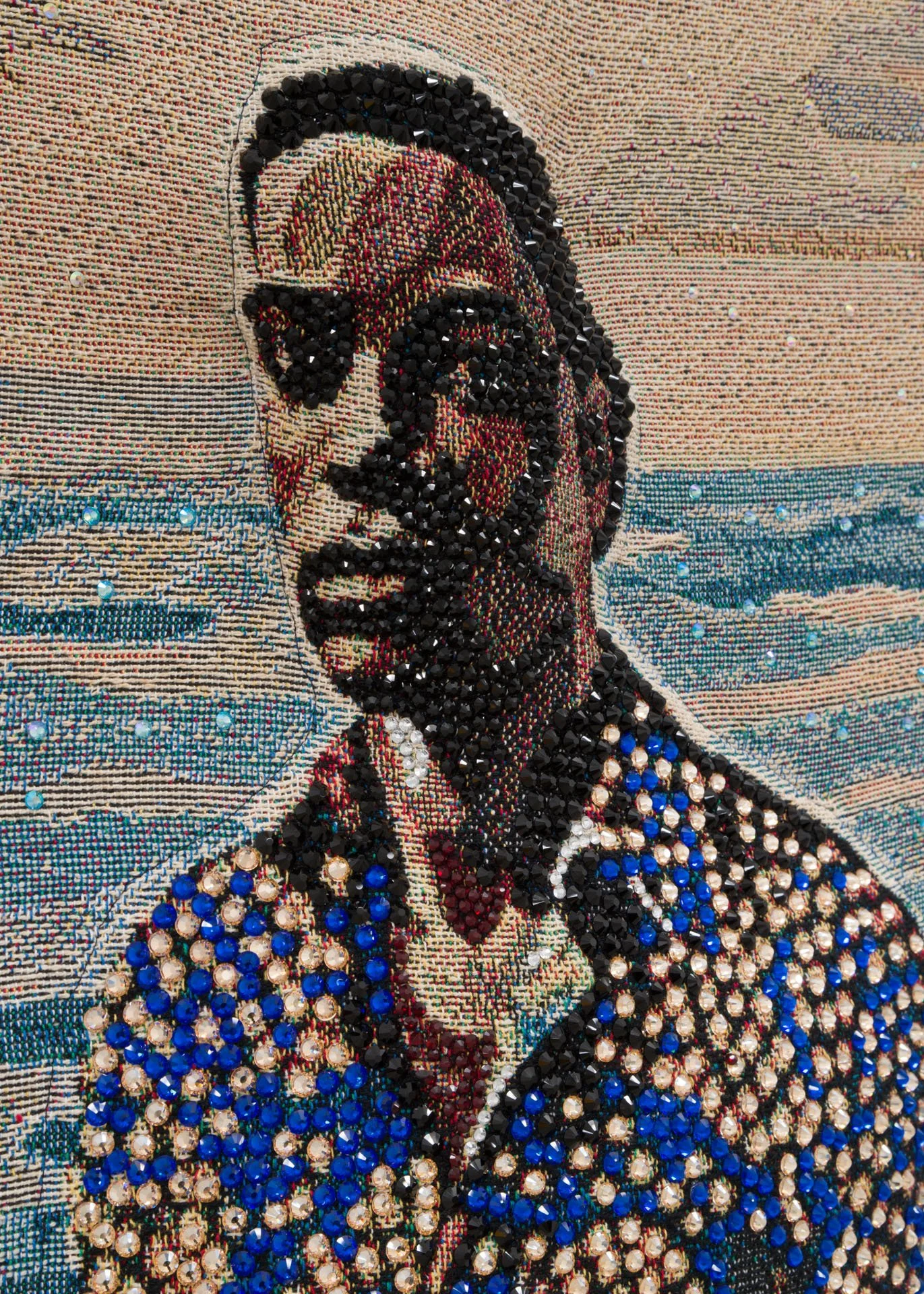 Akea Brionne,  Garden Portrait #2,   2023, Digital woven image on jacquard, rhinestones, poly-fil, and thread, detail