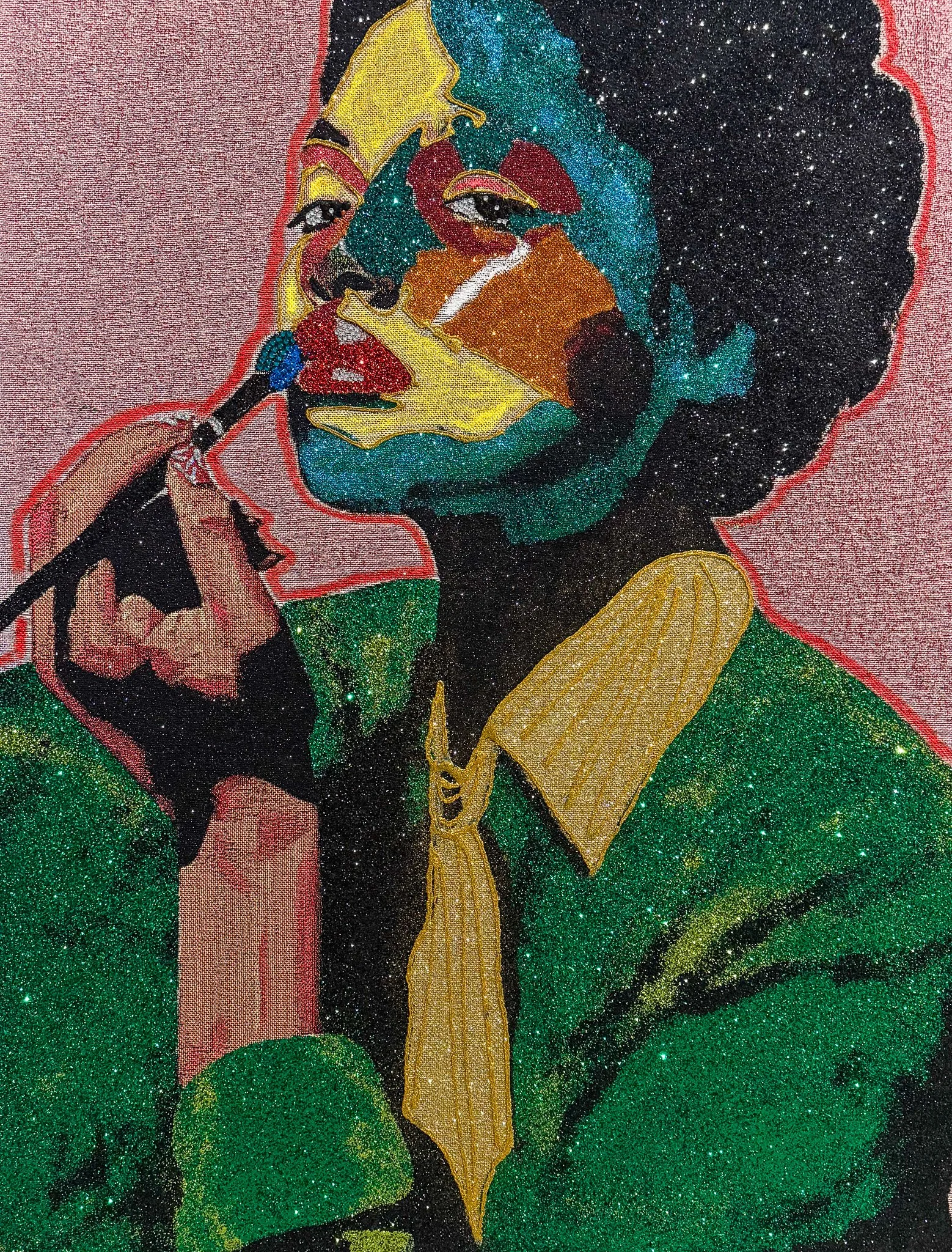  Akea Brionne ,
 Mask for a New Hour , 2025,
jacquard, glitter, adhesive, rhinestone, oil stick,
48 x 36 inches,
121.92 x 91.44 cm.