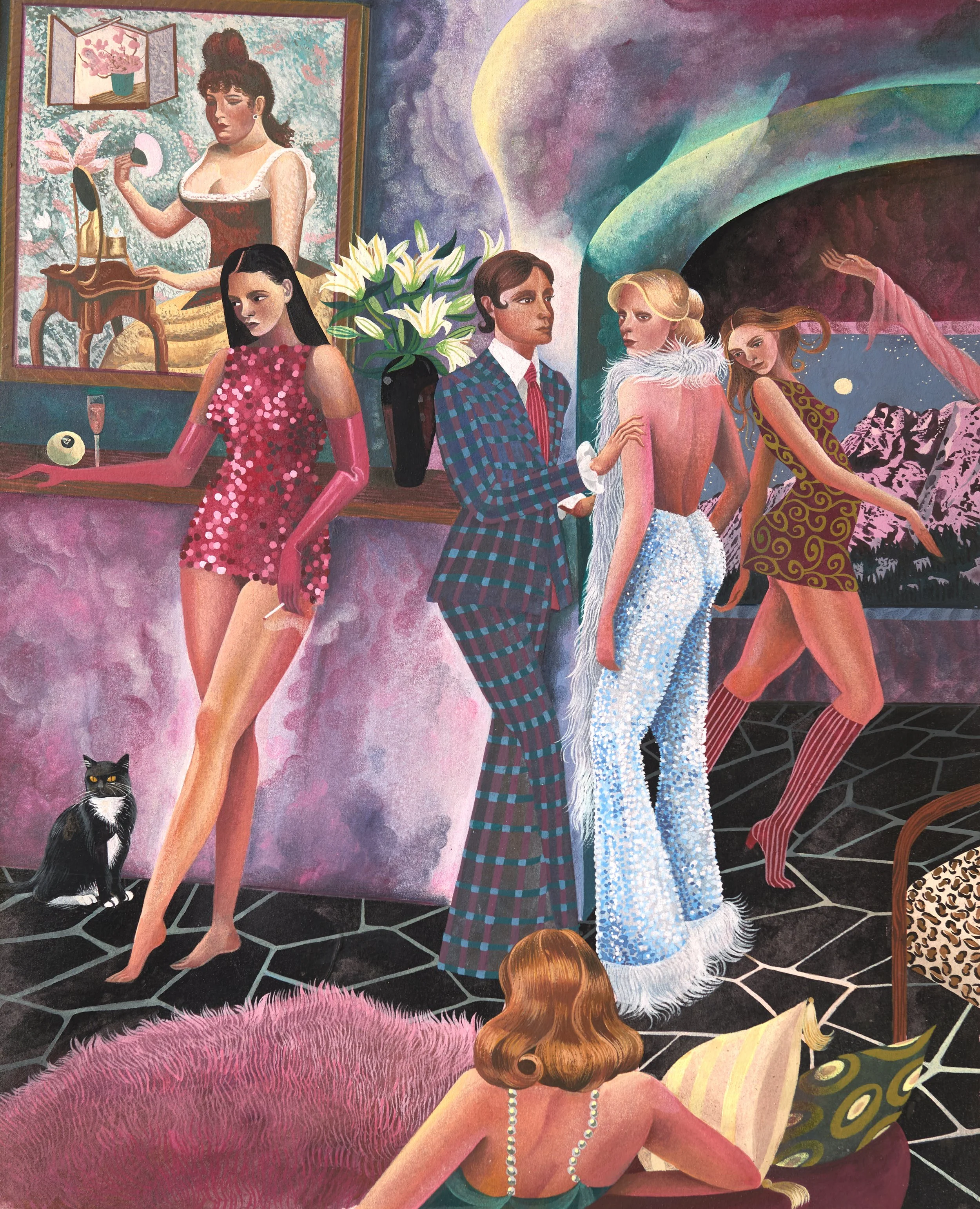  Jessie Makinson ,
 Dowdy little puss , 2026,
Gouache and colored pencil on paper,
Sapele frame,
Image: 10.83 × 7.68 inches, 27.5 x 19.5 cm,
Frame: 16.93 × 13.78 inches, 43 x 35 cm