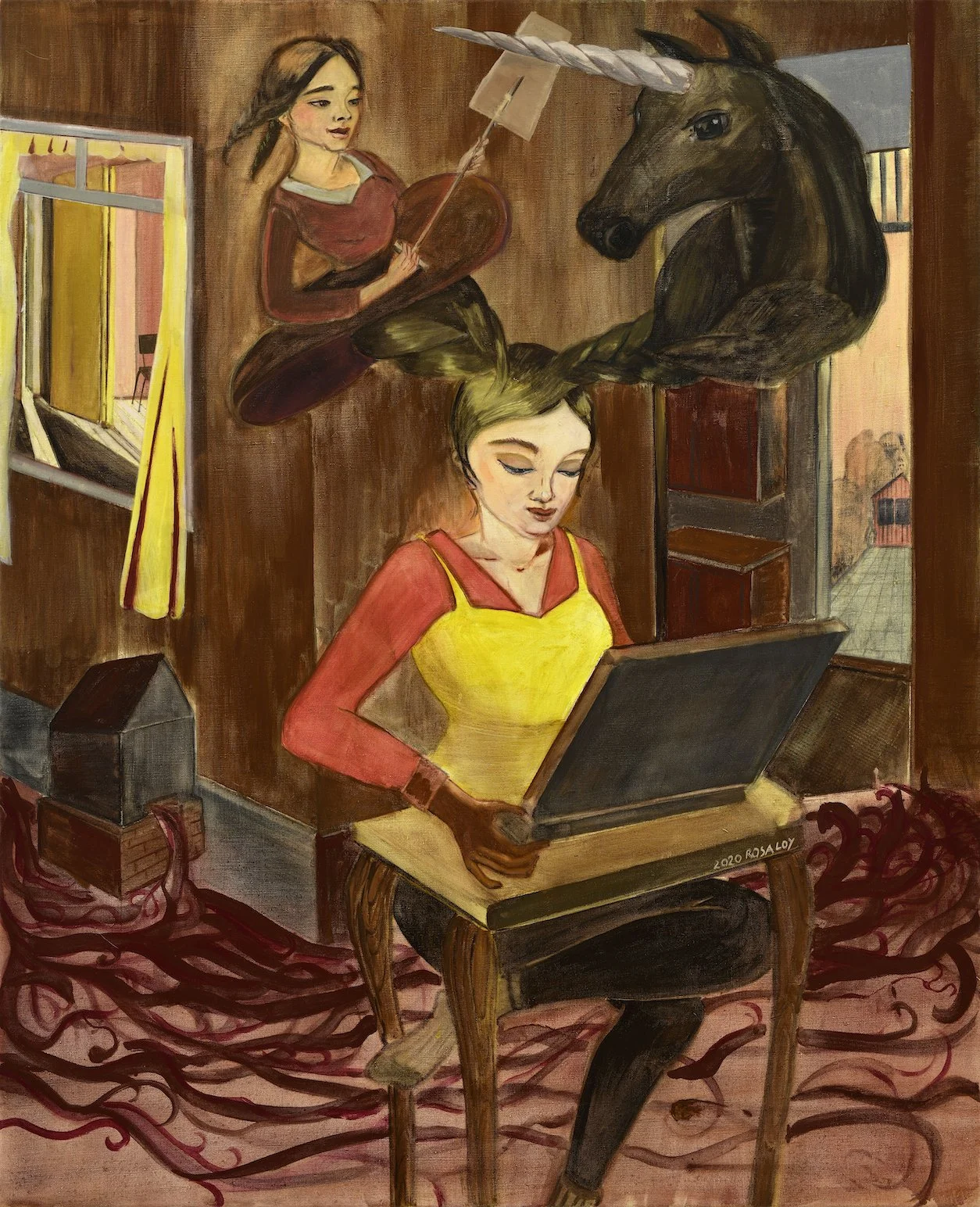 Rosa Loy   Thoughts are Free , 2020  Casein on canvas  43 1/4 x 35 3/8 inches, 110 x 90 cm