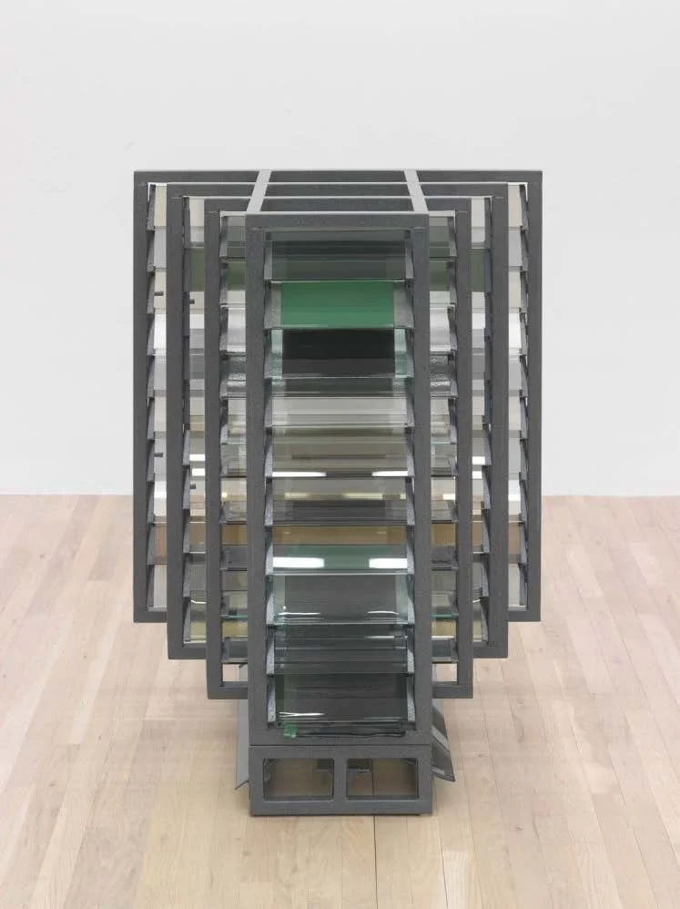 Anne Libby,  Inner Echo (grey) , 2022, Powder coated steel and aluminum, glass, 43 1/2 x 30 x 34 inches, 110.5 x 76.2 x 86.4 cm