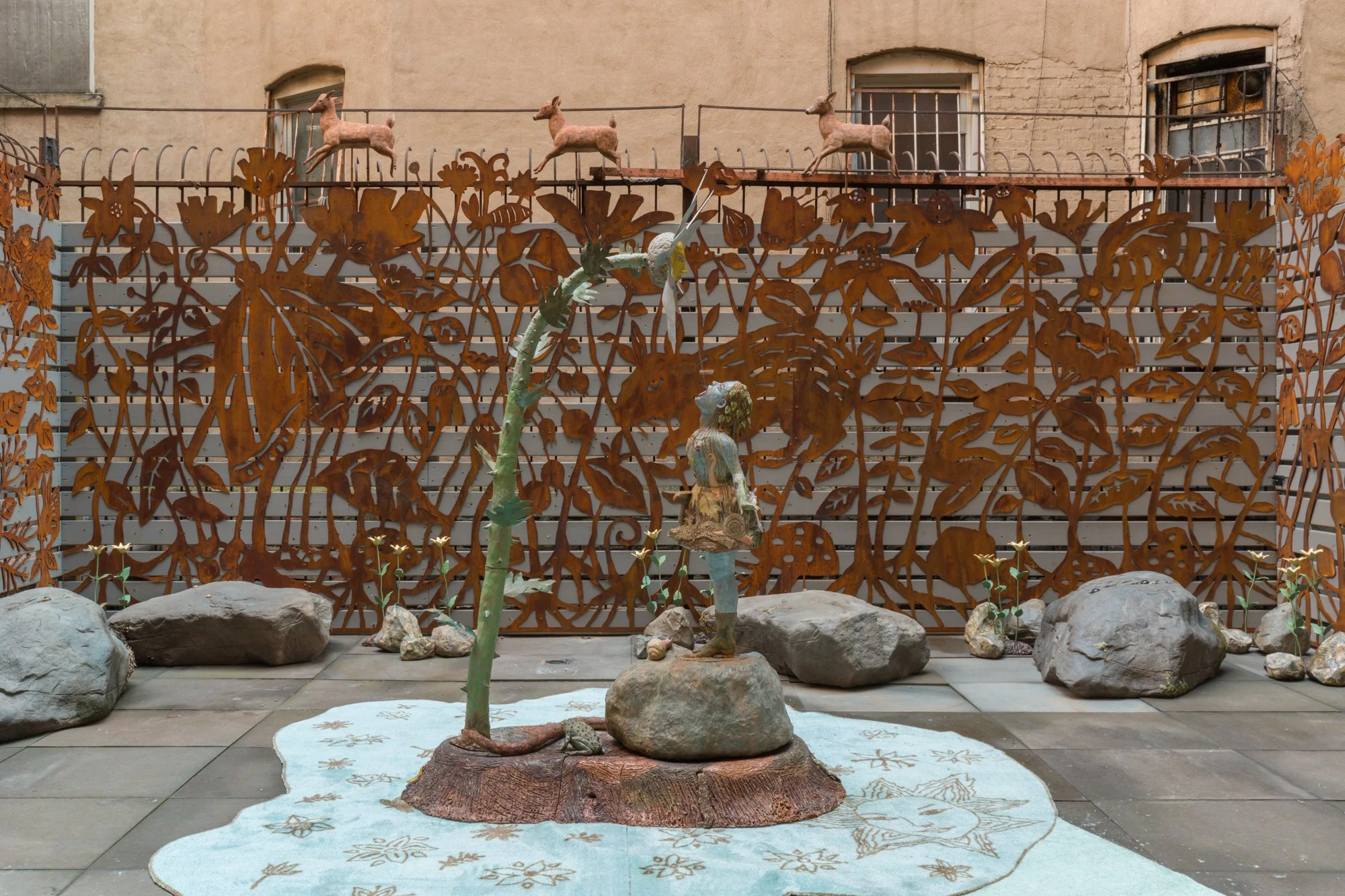 Kathy Ruttenberg ,   WET , 2018,  Ceramic, pond pump, bronze leaves, copper petals , 82 x 58 x 38 inches, 208.3 x 147.3 x 96.5 cm