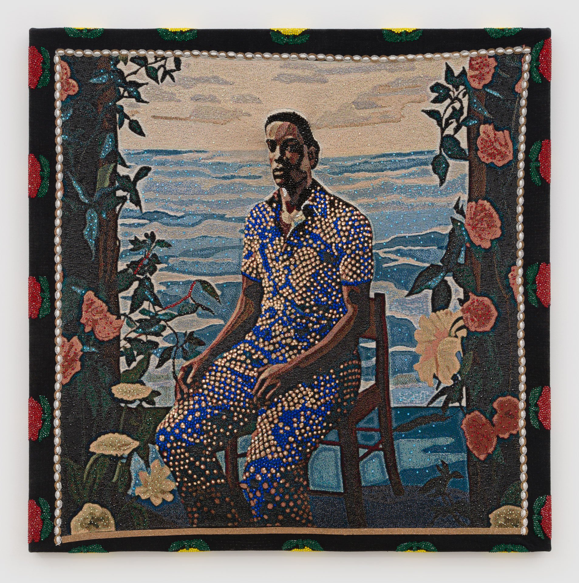 Akea Brionne,  Garden Portrait #2,   2023, Digital woven image on jacquard, rhinestones, poly-fil, and thread, 48 x 48 inches, 121.9 x 121.9 cm