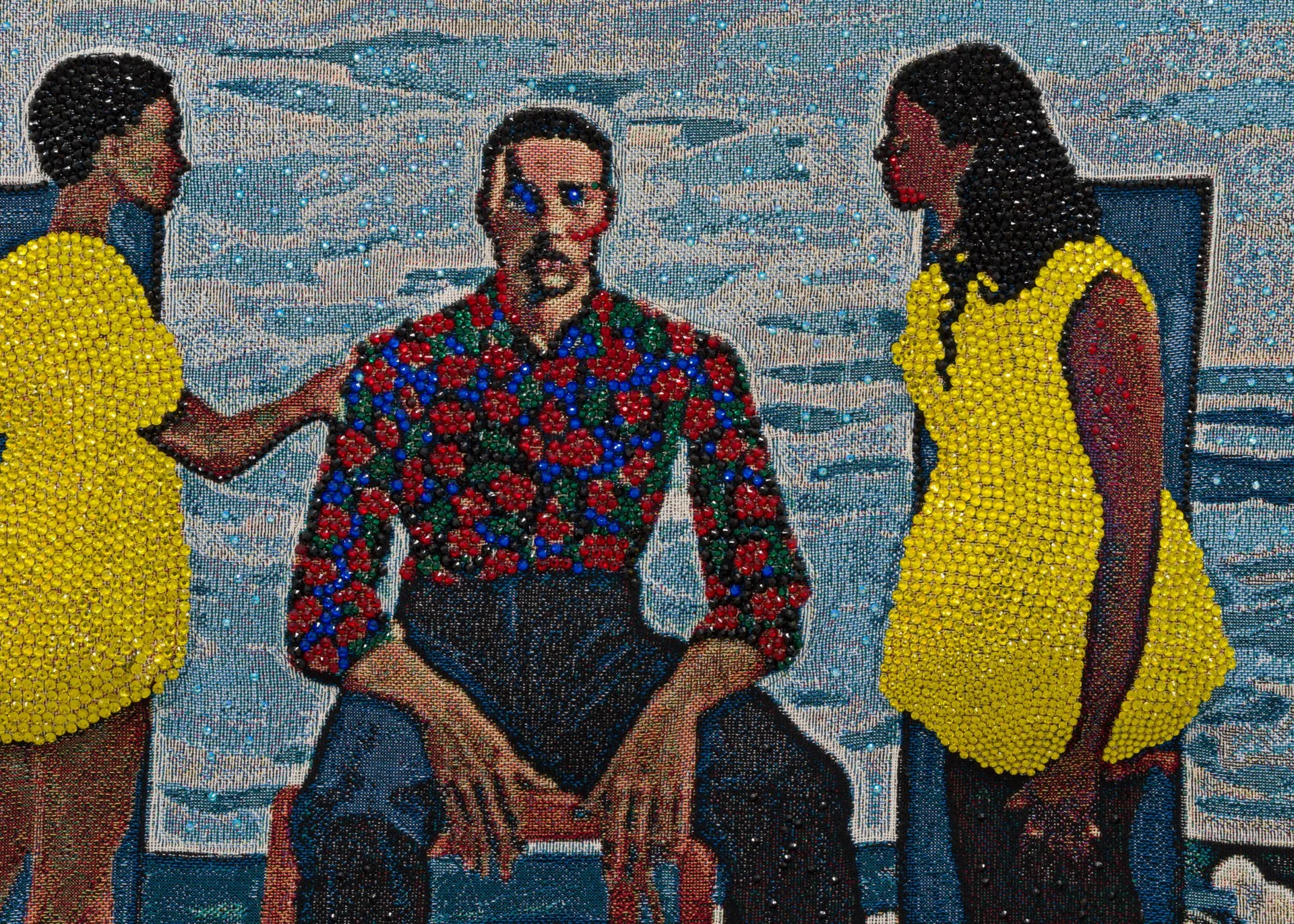 Akea Brionne,  Always With You,   2023, Digital woven image on jacquard, rhinestones, poly-fil, and thread, detail