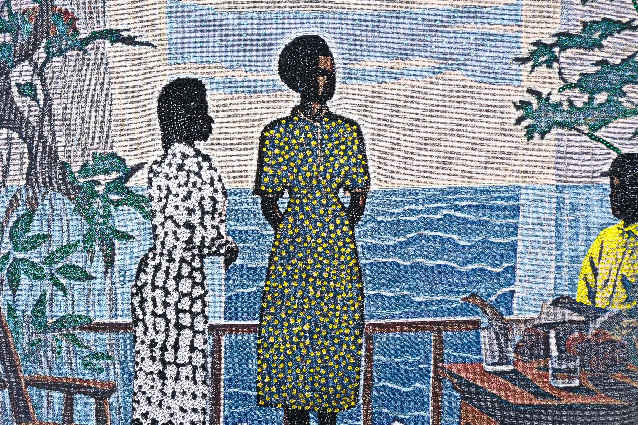 Akea Brionne,  Wade in the Water,  2023, Digital woven image on jacquard, rhinestones, poly-fil, and thread, detail