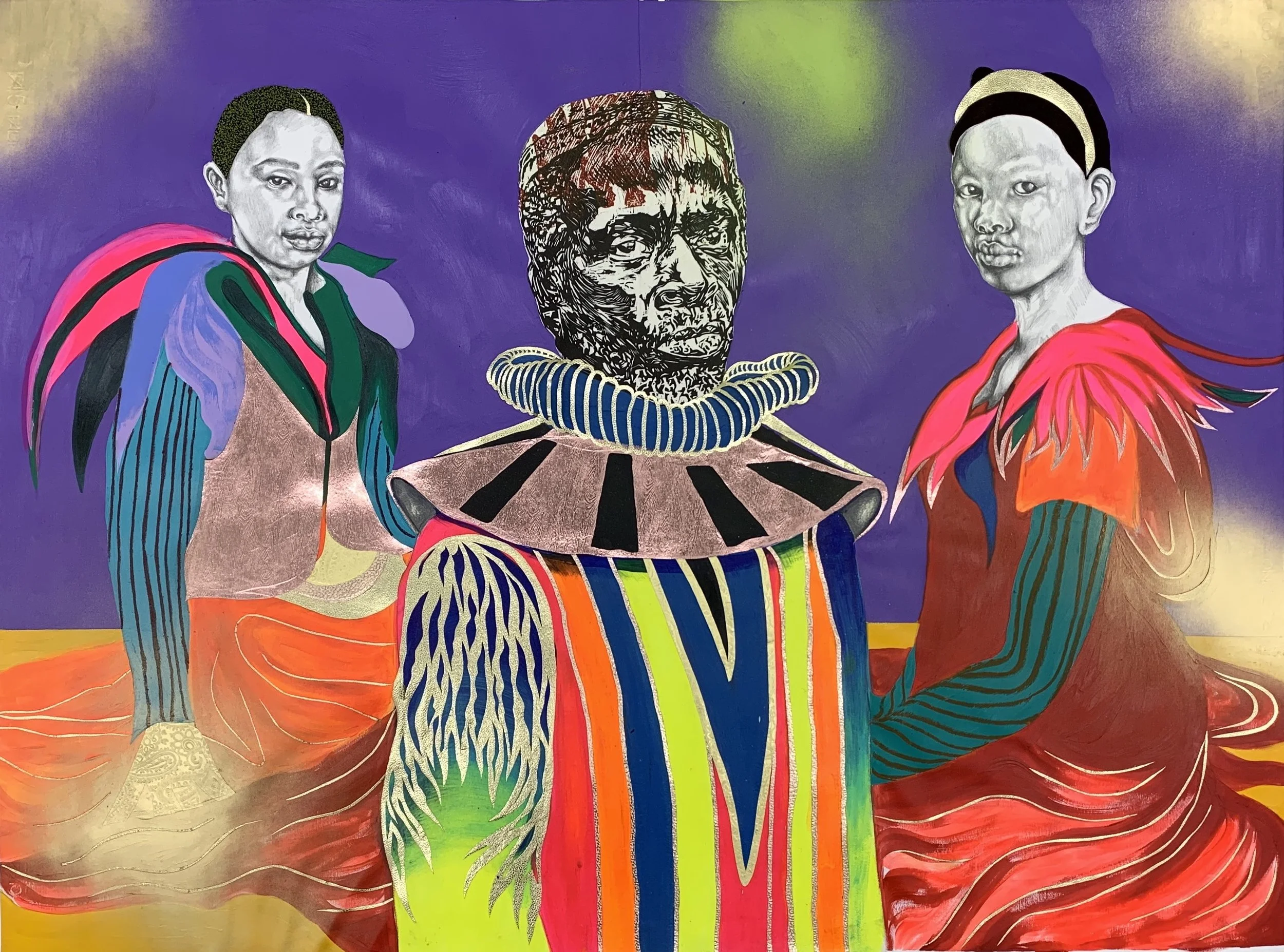 Phumelele Tshabalala 
 Friday with Dumisani , 2021 
Oil, acrylic, collage on paper 
39 1/2 x 52 1/3 inches 
100.3 x 132.9 cm