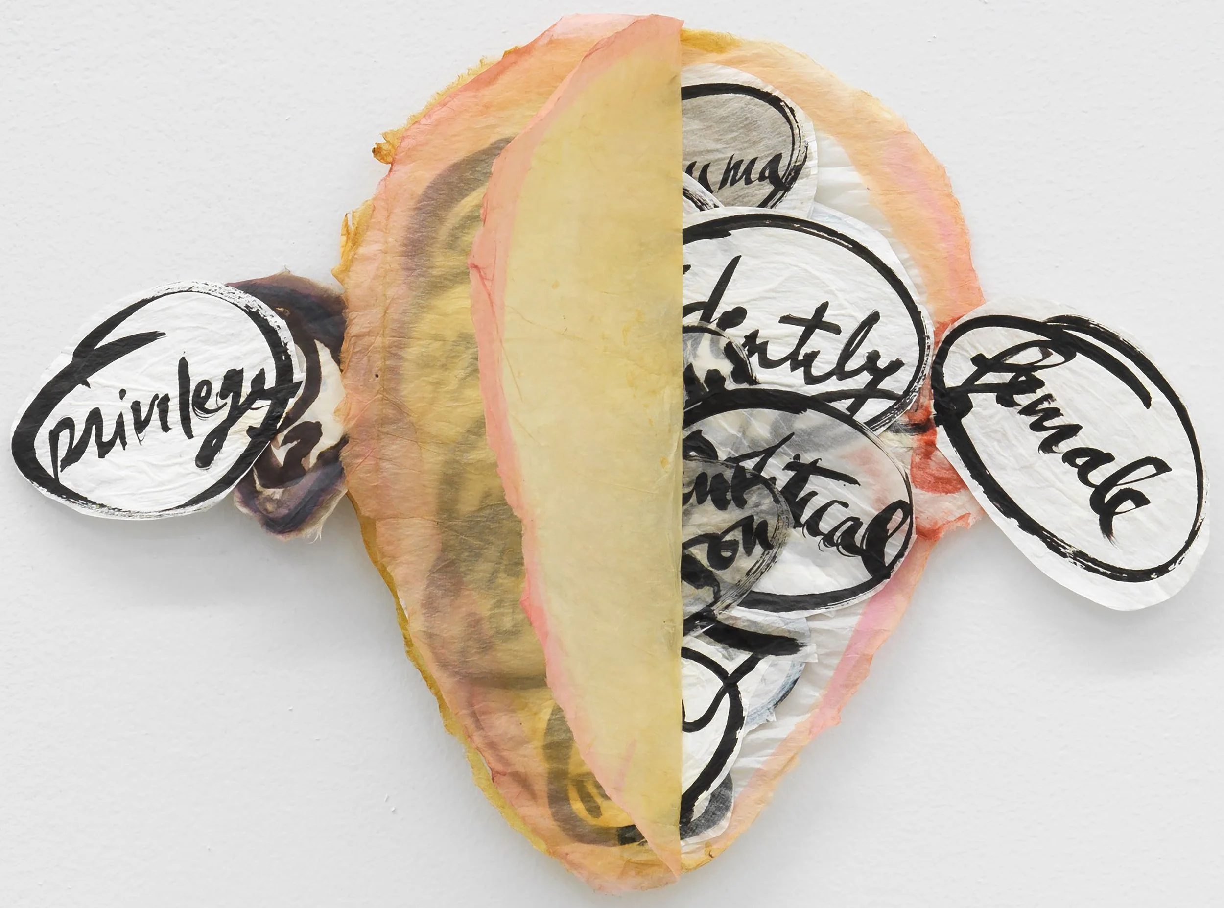  Mira Schor ,
 Mask (book) , 2025,
ink, acrylic, and gesso on Japanese paper,
10.75 x 14.5 inches,
27.3 x 36.8 cm.