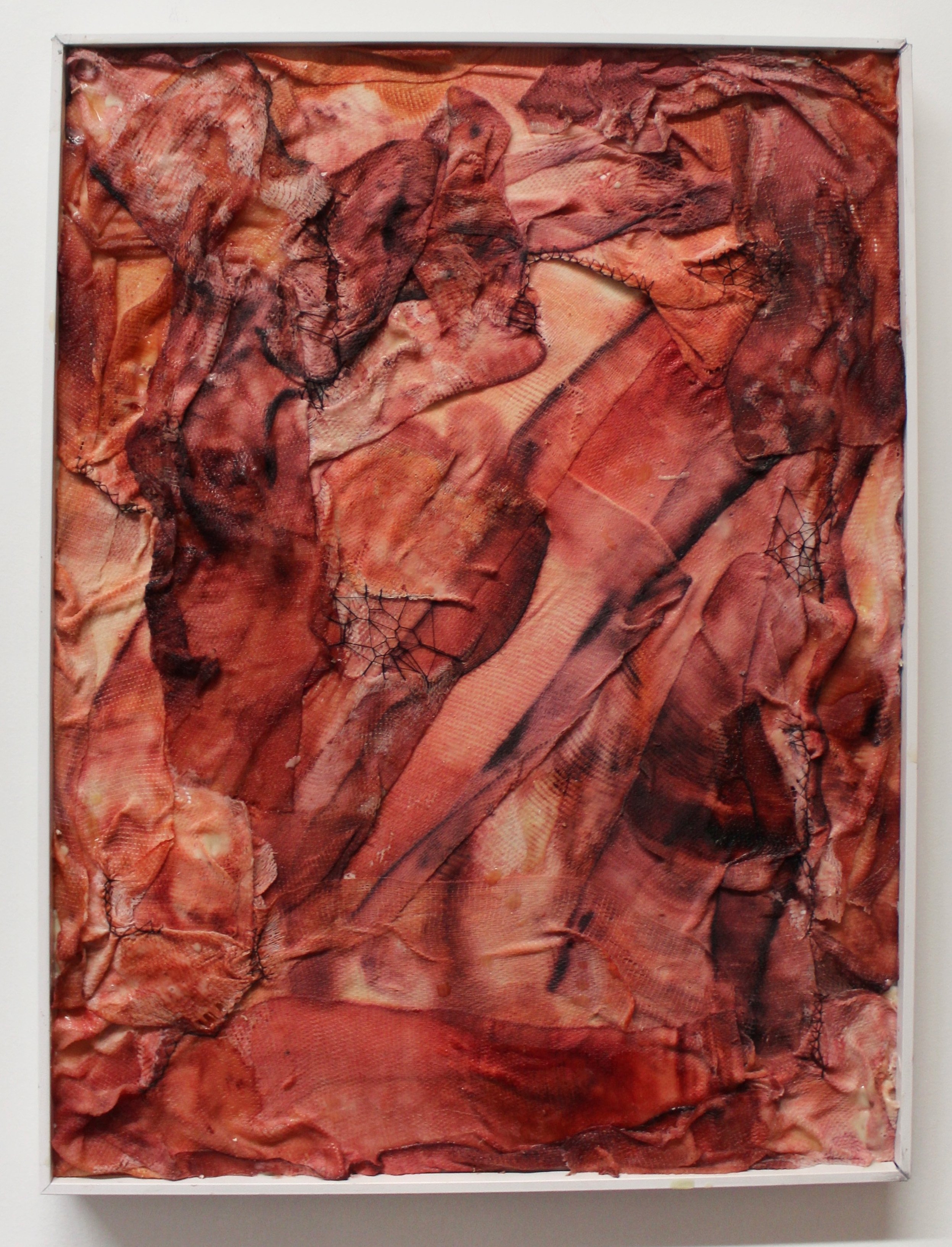  Ophelia Arc ,
 gauze skin I , 2026,
latex, hand dyed gauze and thread on found frame,
22 x 16 1/2 x 1 1/2 inches,
55.9 x 41.9 x 3.8 cm