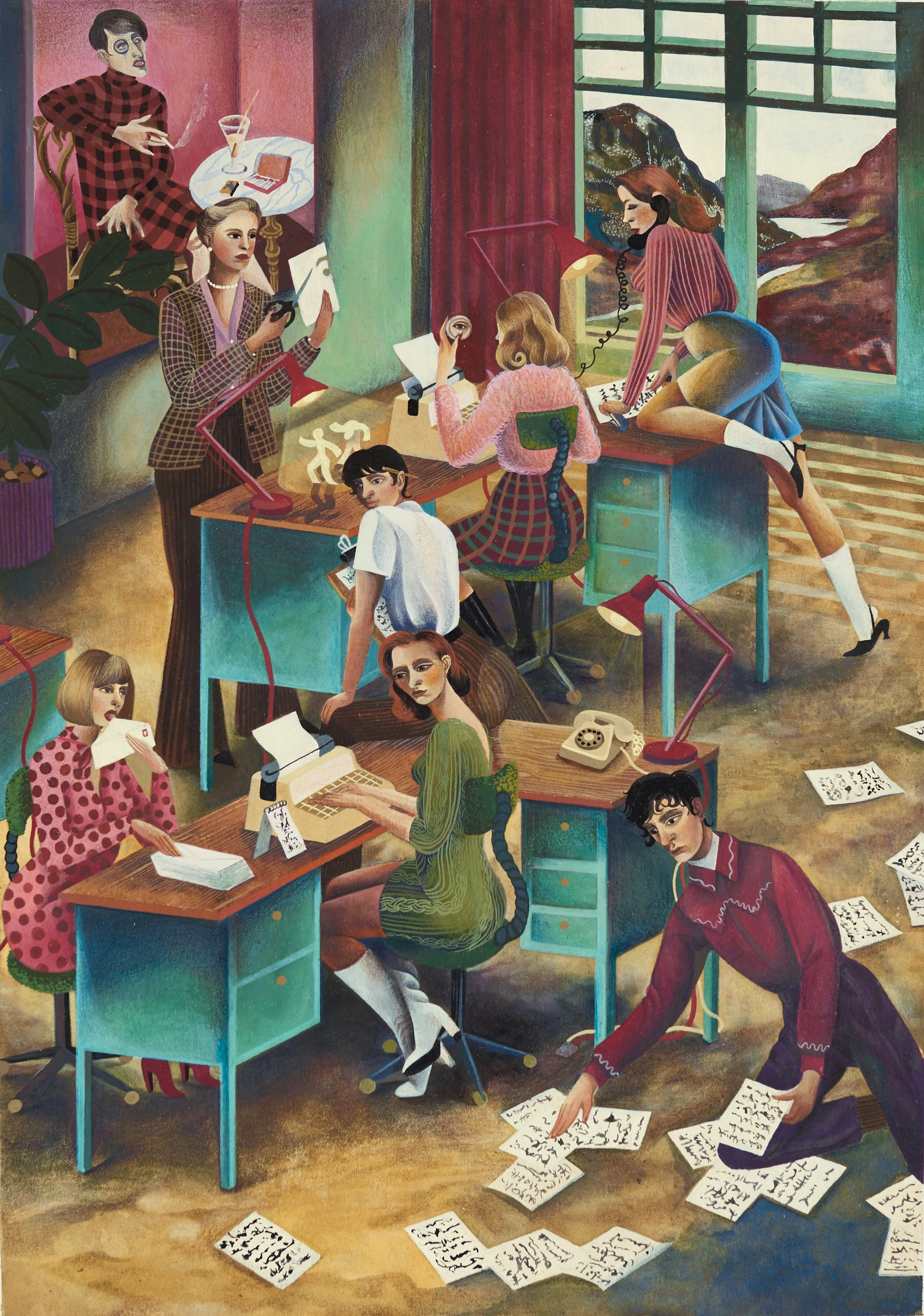  Jessie Makinson ,
 The office , 2026,
Gouache and colored pencil on paper
Sapele frame,
Image: 12.6 × 8.66 inches, 32 x 22 cm,
Frame: 18.9 × 14.17 inches, 48 x 36 cm