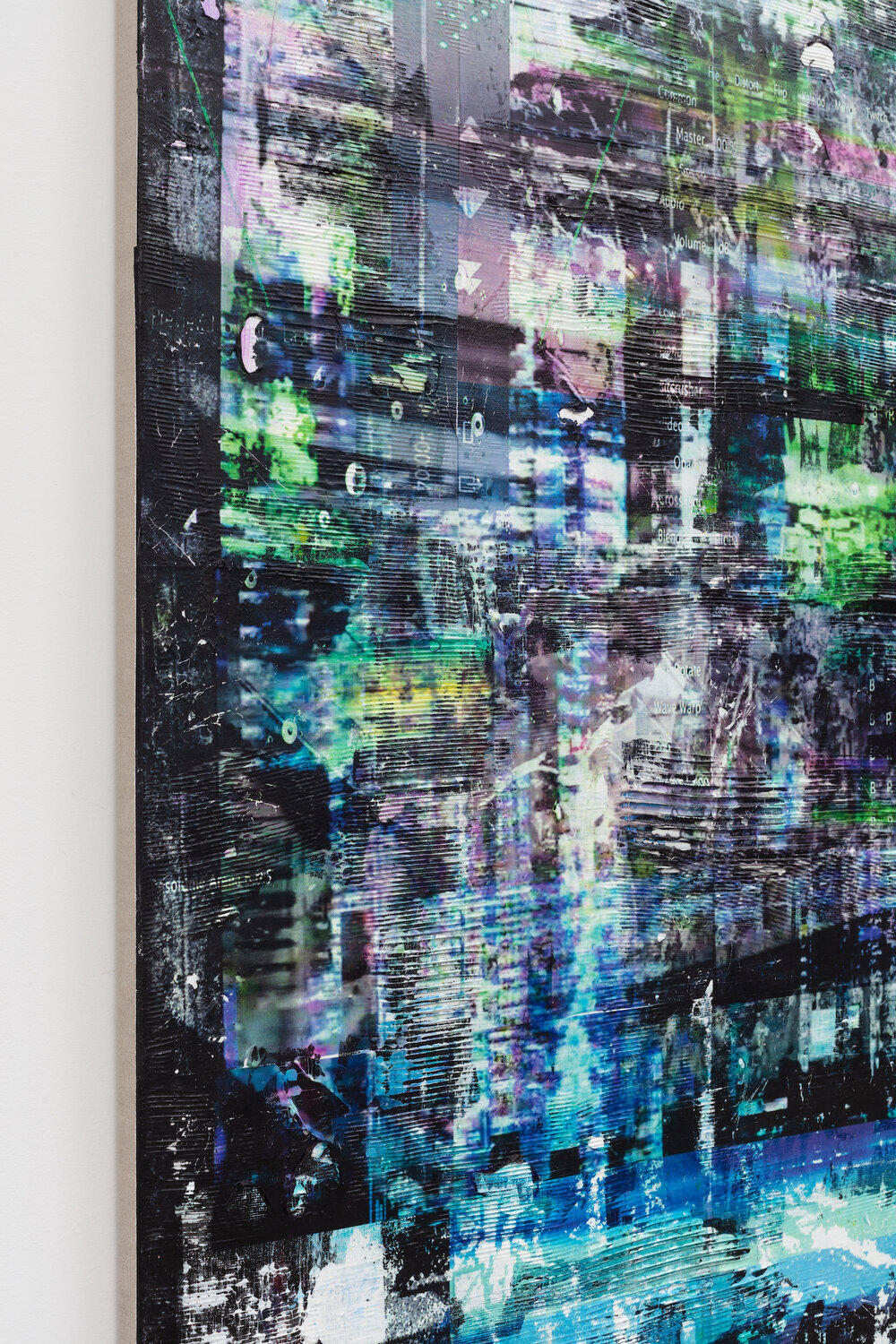 Chris Dorland,  Untitled (bit crusher) , 2020 (detail view), Acrylic polymer, Pigment, Ink, Gesso, UV resin on Linen, 68 x 46 inches, 172.7 x 116.8 cm