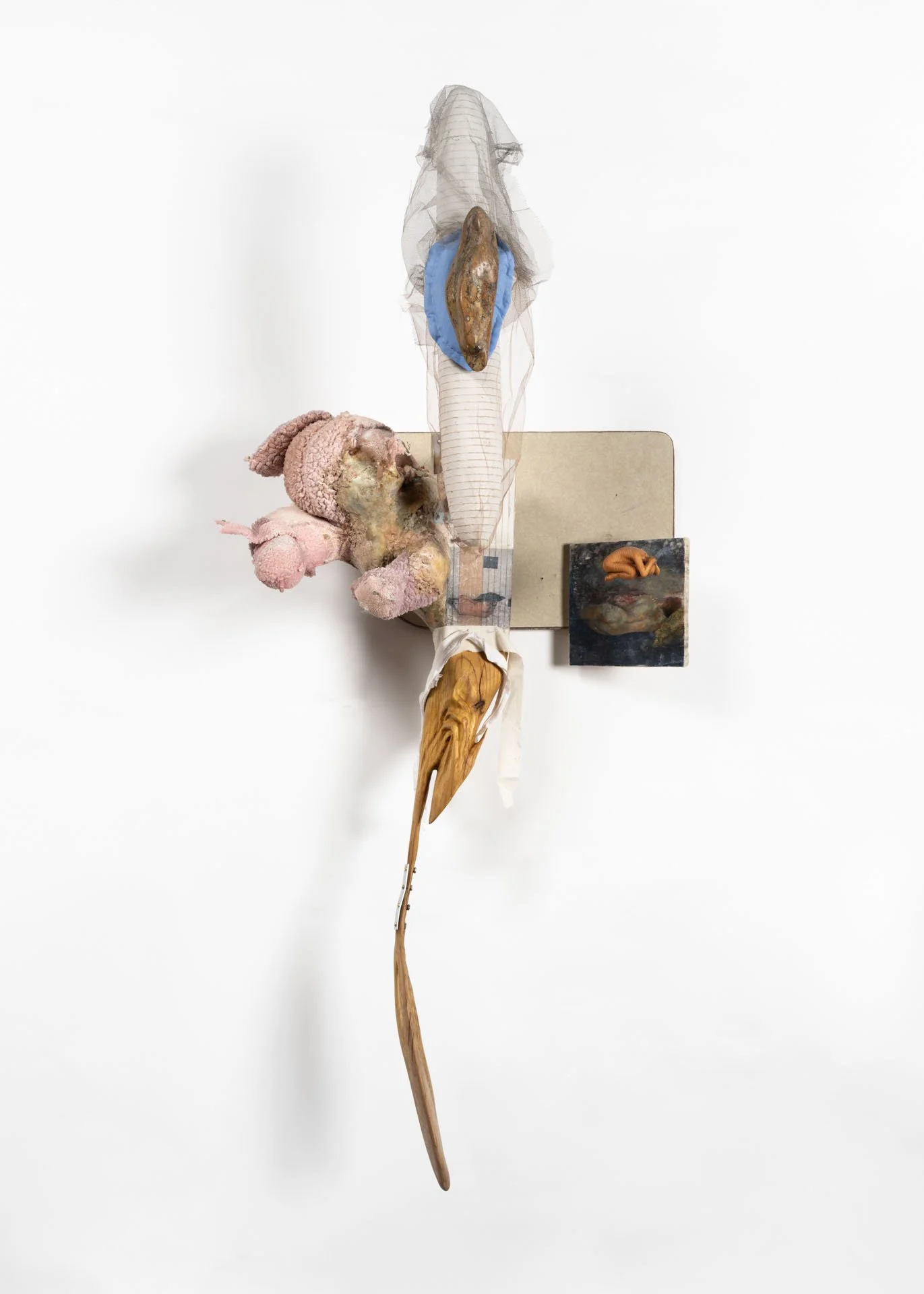 Catalina Ouyang
  grief volume (Powder Mill; Anvil Ct; Mulberry and Grand) , 2023
 Textile, school desk top, steel, brass, hardware, hedge wood, pine, plaster, epoxy clay, acrylic gel transfer, oil paint on panel, drywall panels, and soapstone
 55 x 