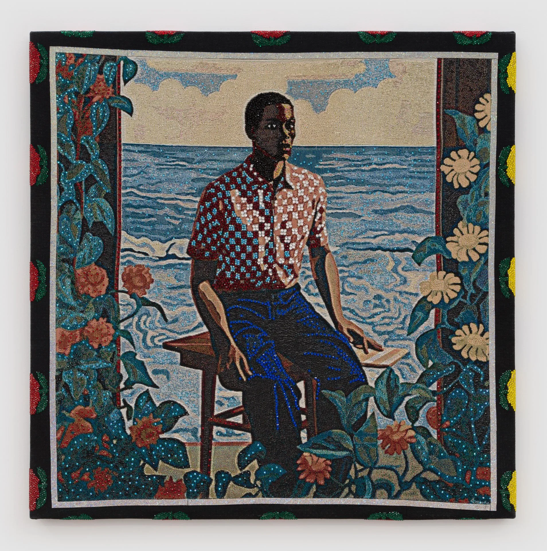 Akea Brionne,  Garden Portrait #1,   2023, Digital woven image on jacquard, rhinestones, poly-fil, and thread, 48 x 48 inches, 121.9 x 121.9 cm