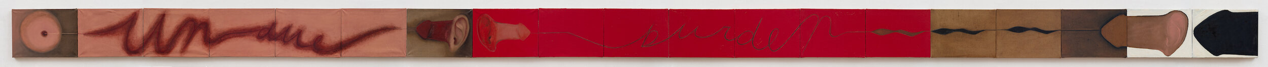  War Frieze IX: Undue Burden , 1992
 Oil on 19 linen canvases
 12 x 16 inches (each), 12 x 192 inches (total)