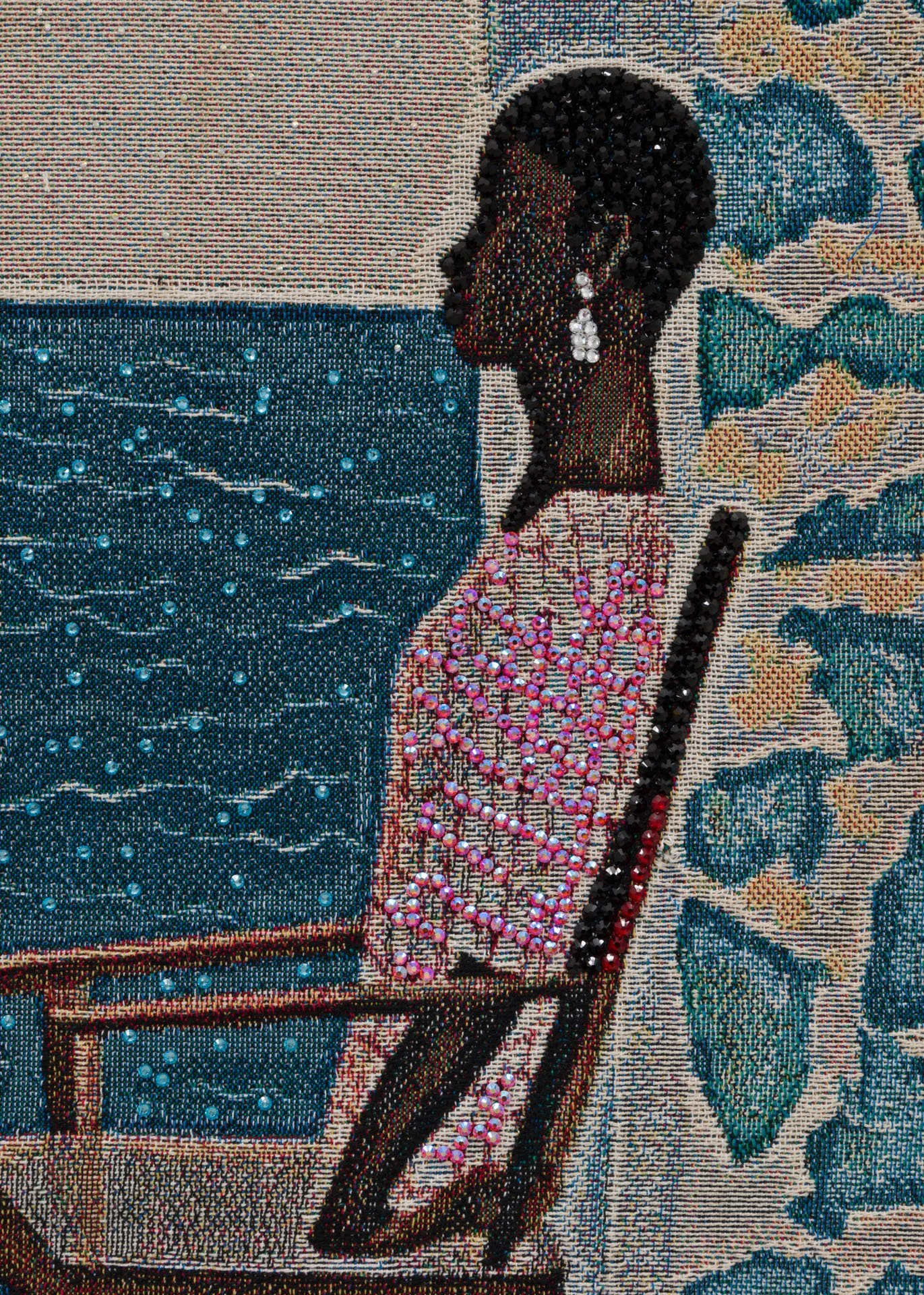 Akea Brionne,  Oh Dear,   2023, Digital woven image on jacquard, rhinestones, poly-fil, and thread, detail