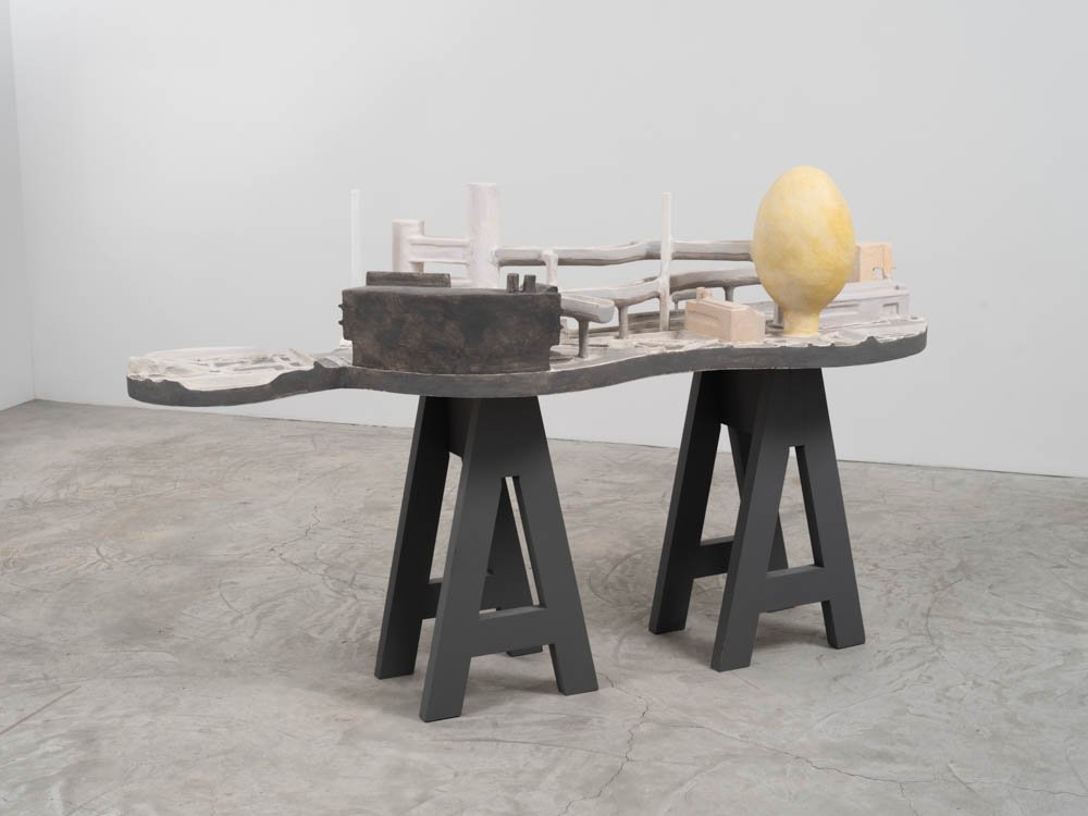 Isaac Fujita Howell,  Le couer pompe à quatre temps , 2021-23, Foam, fiberglass, wood, cardboard, aquaresin, acrylic, 33 x 89 x 59 inches, 83.8 x 226.1 x 149.9 cm