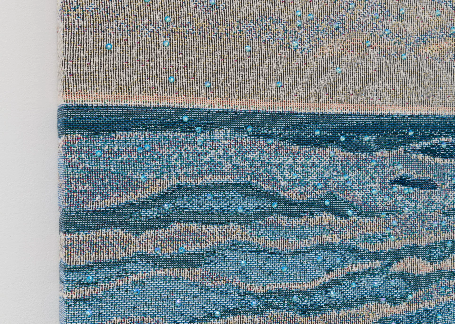 Akea Brionne,  Garden Portrait #2,   2023, Digital woven image on jacquard, rhinestones, poly-fil, and thread, detail