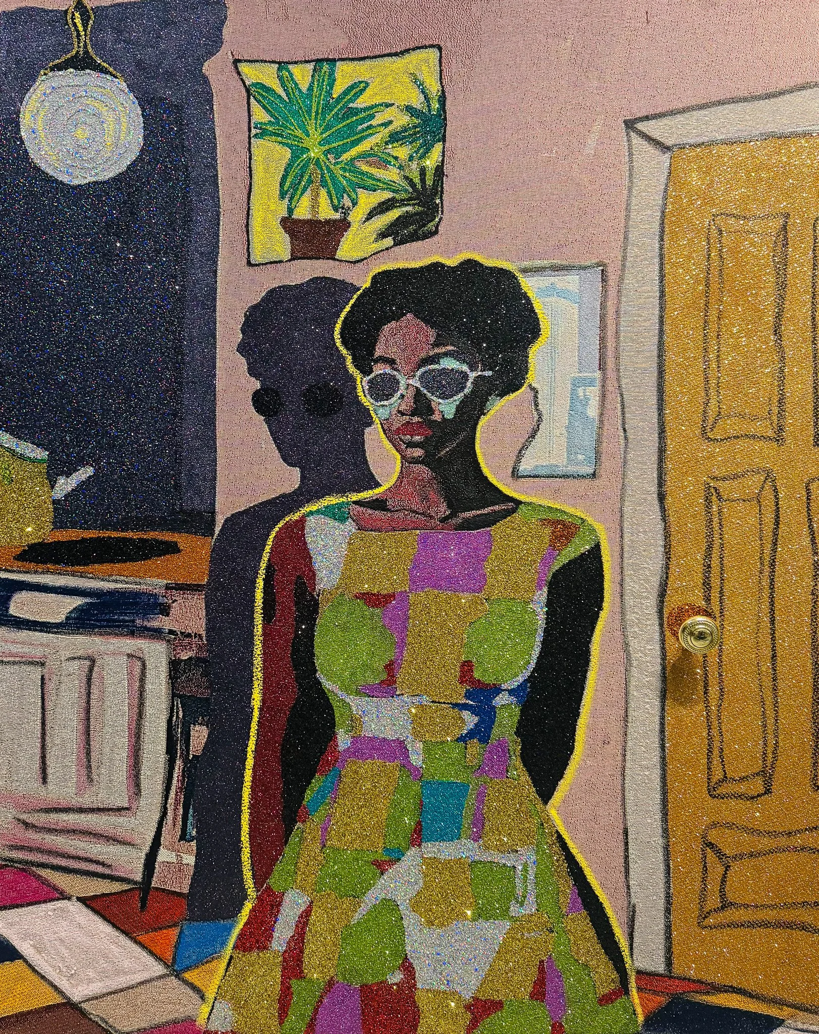  Akea Brionne ,
 Time Splits at the Doorframe , 2025,
jacquard, glitter, rhinestones, door knob, wood, adhesive, oil stick,
60 x 48 inches,
152.4 x 121.92 cm.