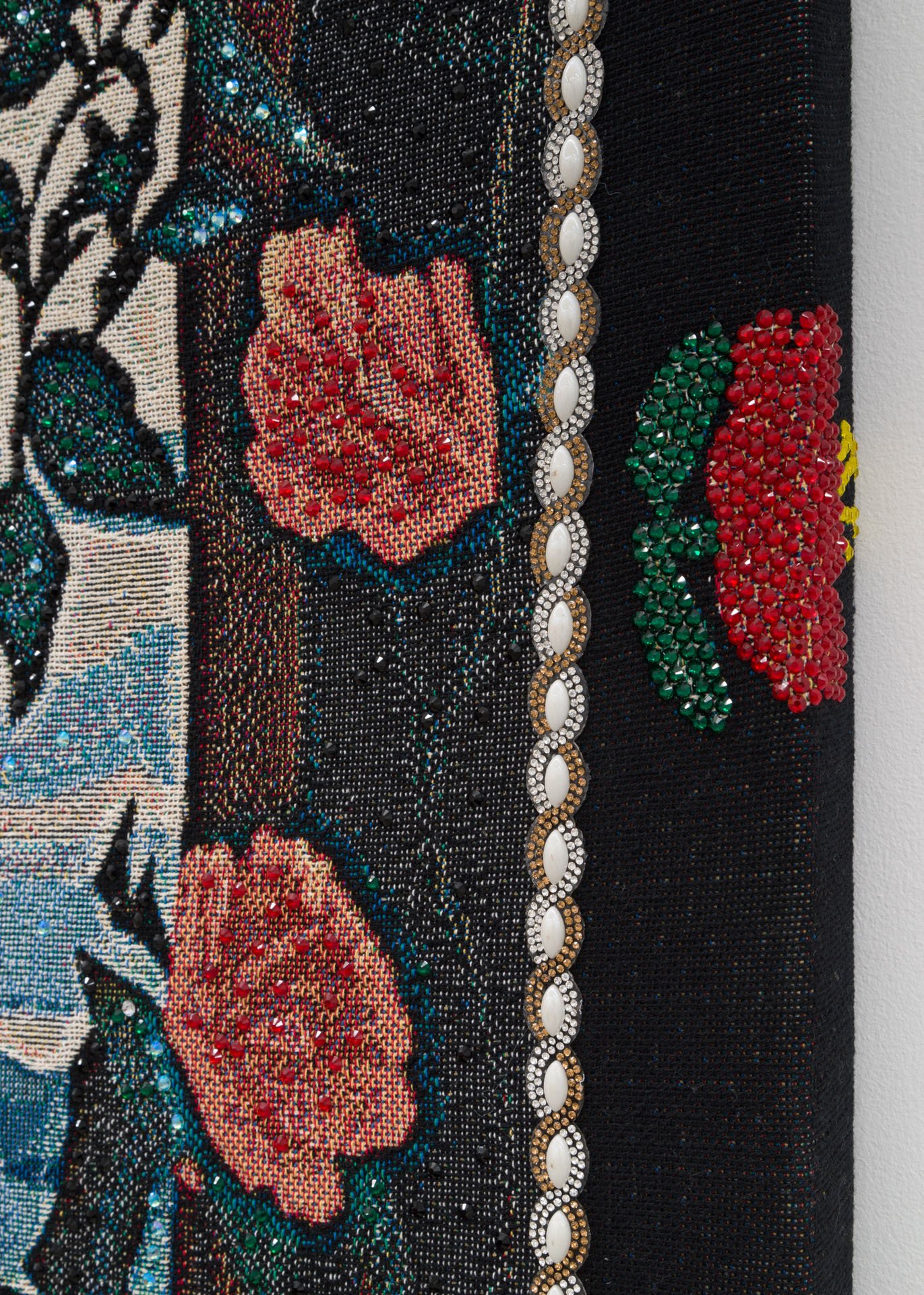 Akea Brionne,  Garden Portrait #2,   2023, Digital woven image on jacquard, rhinestones, poly-fil, and thread, detail