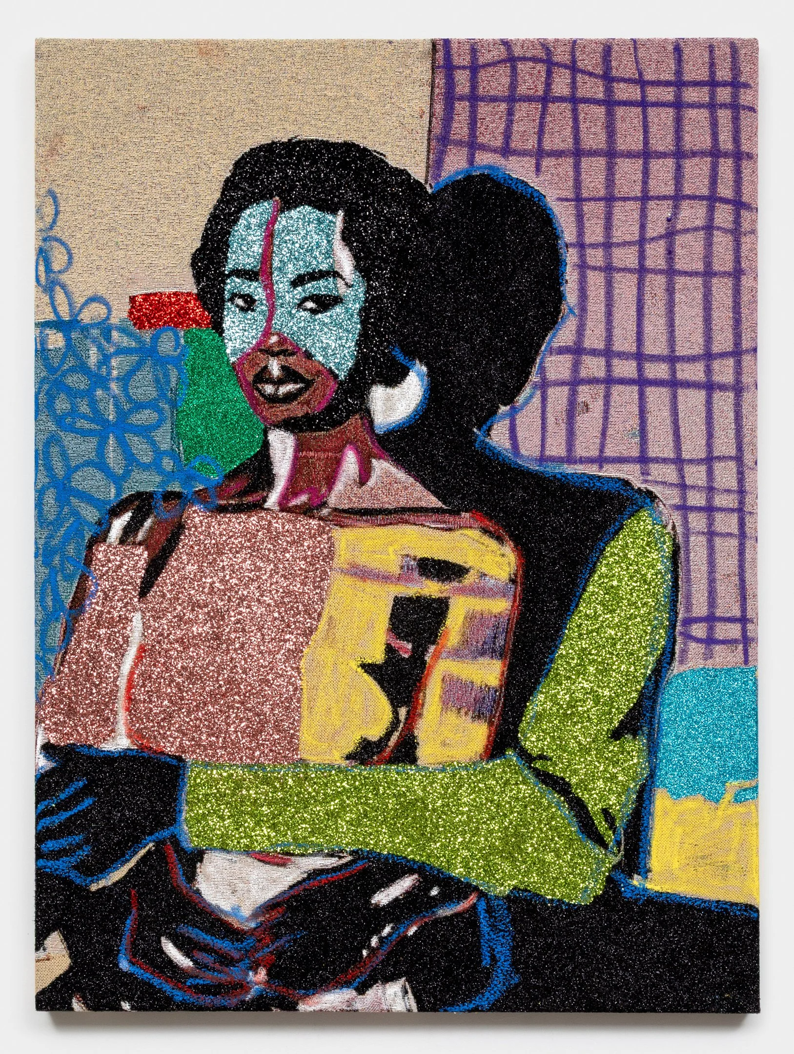  Akea Brionne ,
 Learning the Weight of Being Held , 2025,
jacquard, glitter, adhesive, oil stick,
48 x 36 inches,
121.92 x 91.44 cm.