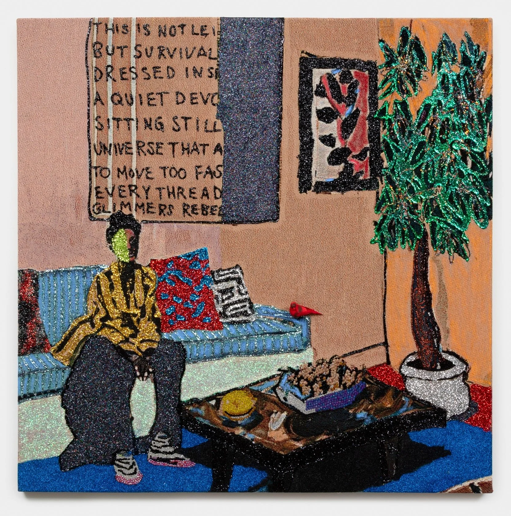 Akea Brionne 
 Green for Cover, Red for Warning , 2025 
Jacquard, glitter, adhesive, rhinestone, oil stick, feather, foam 
48 x 48 inches 
121.92 x 121.92 cm