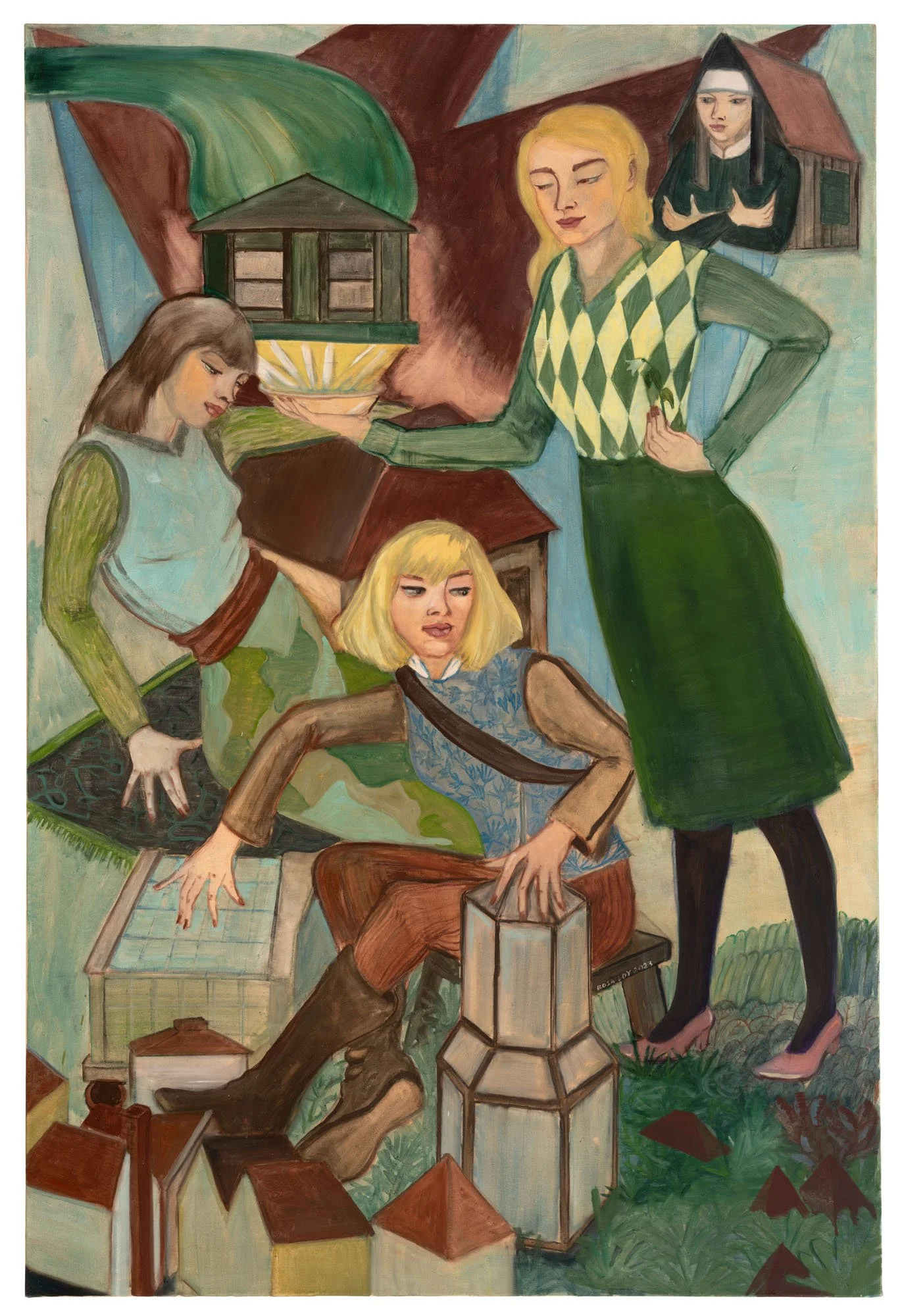 Rosa Loy   Builders (Erbauerinnen) , 2023  Casein on canvas  59 x 39 3/8 inches, 150 x 100 cm