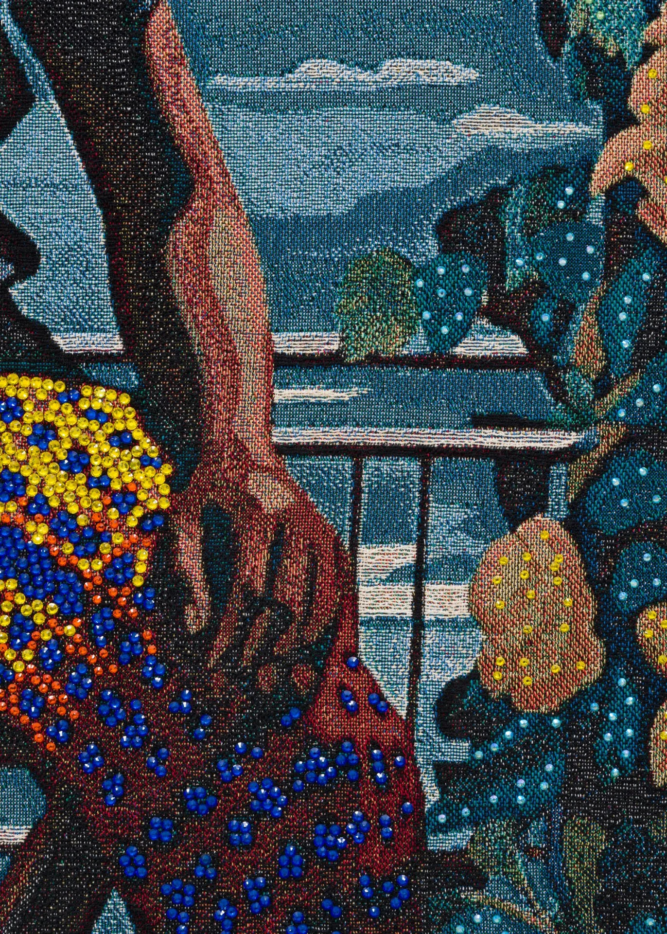 Akea Brionne,  Garden's Grow,   2024, Digital woven image on jacquard, rhinestones, poly-fil, and thread, detail