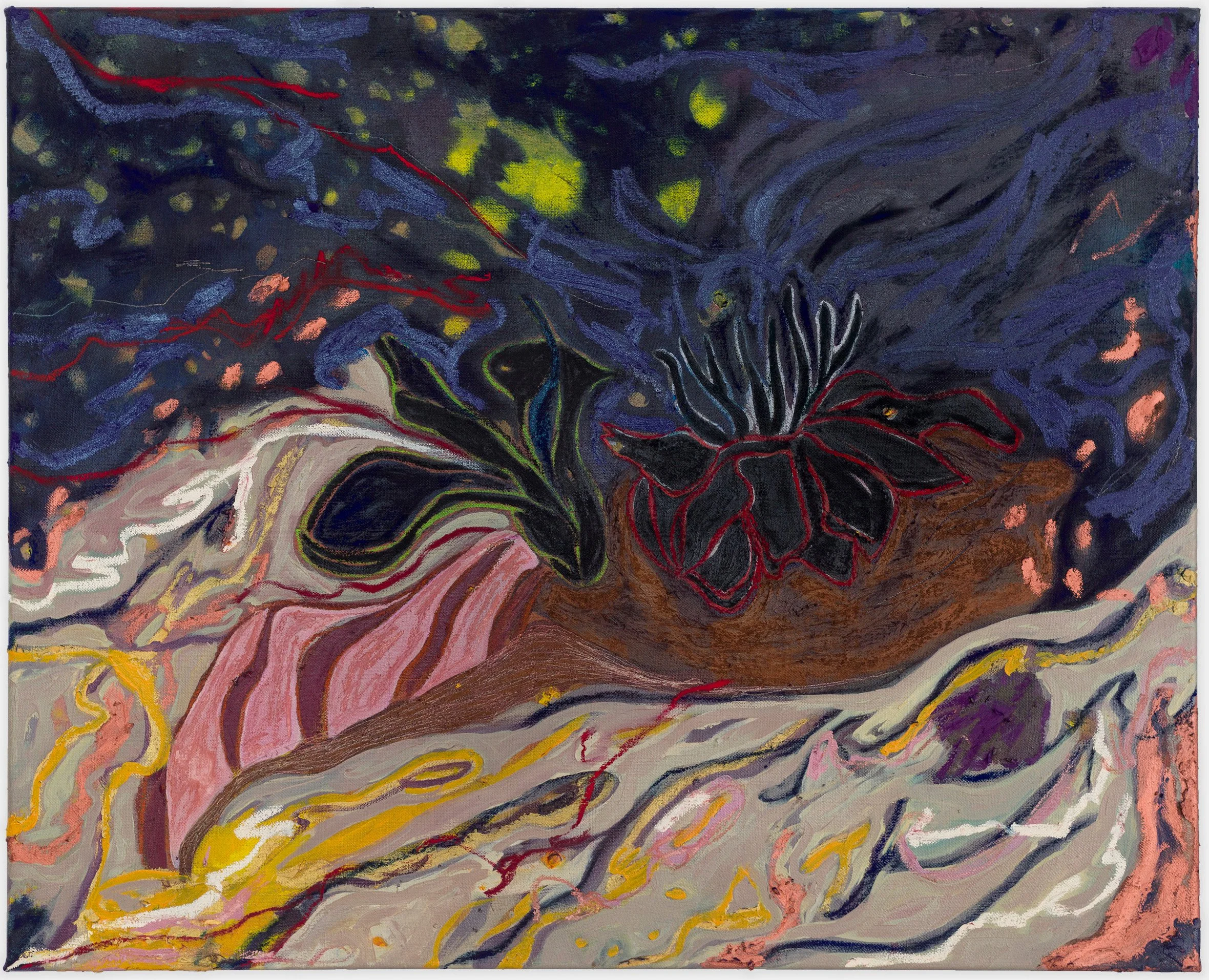  Fernanda Galvão ,  Cocoa Caracol , 2026, charcoal, dry pastel, oil bar and oil on linen, 25.625 x 31.75, 65 x 80.5 x 4 cm.