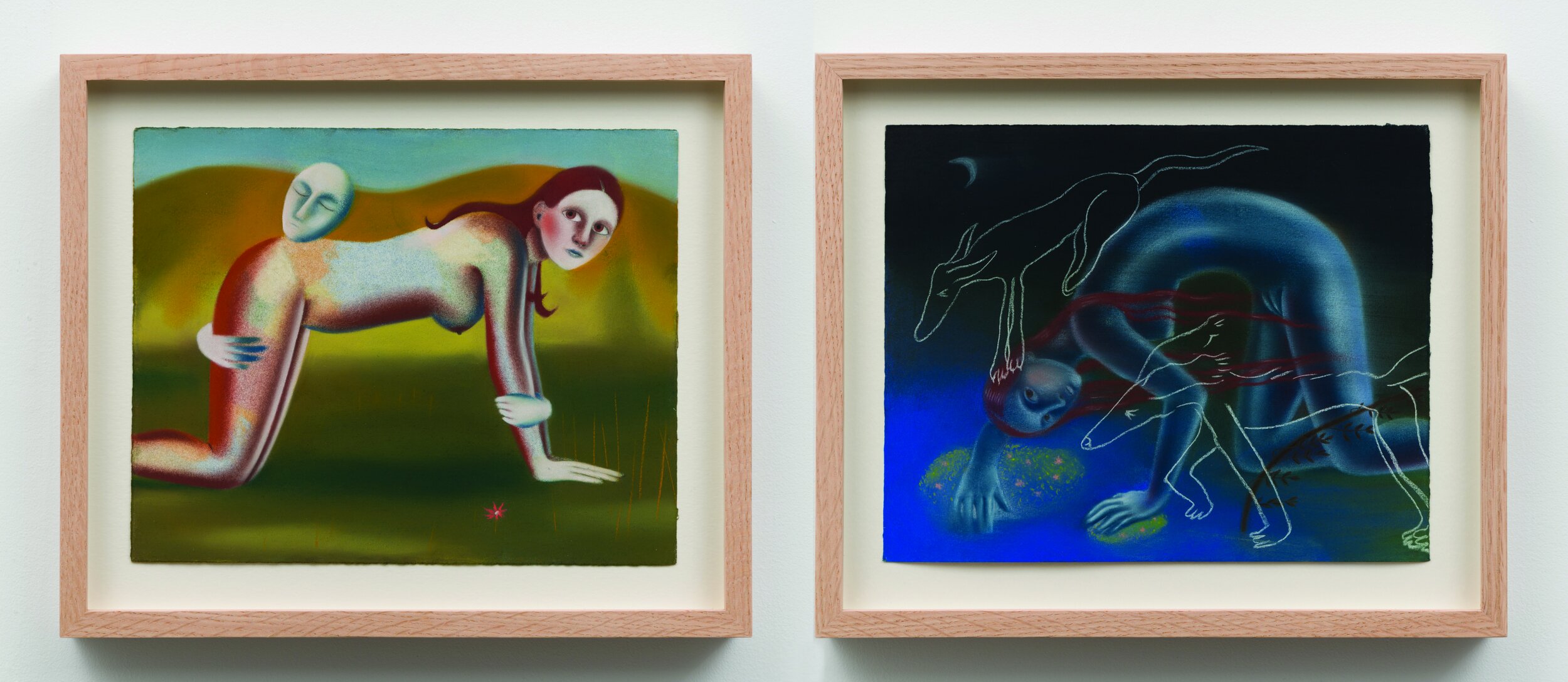 Sara Anstis,  Soil / Hunting Dogs , 2021, Soft pastel on paper, Diptych, Left: 8 1/4 x 10 3/8 inches, 21 x 26.4 cm, Right: 8 1/4 x 10 3/8 inches, 21 x 26.4 cm