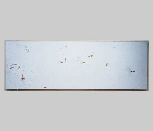 Jo-ey Tang,  Documents from Like An Intruder, The Speaker Removes His Cap , 2014, Cigarette butts on adhesive on wood panels and plexi frames, 68.90 x 23.62 in / 175 x 60 cm
