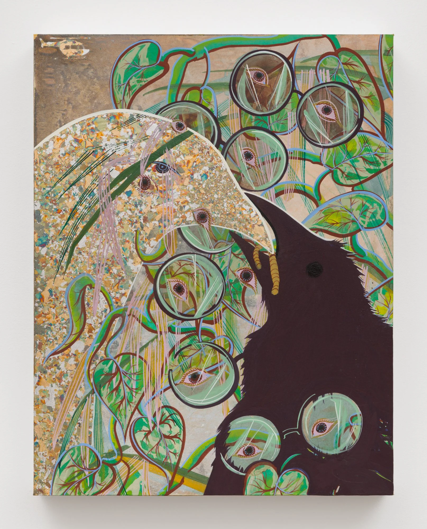 Tammy Nguyen,  Transitional Glasses , 2022, Watercolor, vinyl paint, pastel, and metal leaf on paper stretched over panel, 18 x 14 x 1 5/8 inches, 45.7 x 35.6 x 4.1 cm