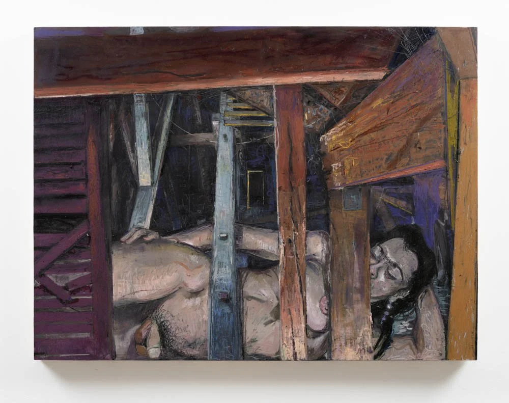 Michelle Uckotter,  Giantess in attic , 2023, Oil pastel on panel, 30 x 40 inches, 76.2 x 101.6 cm