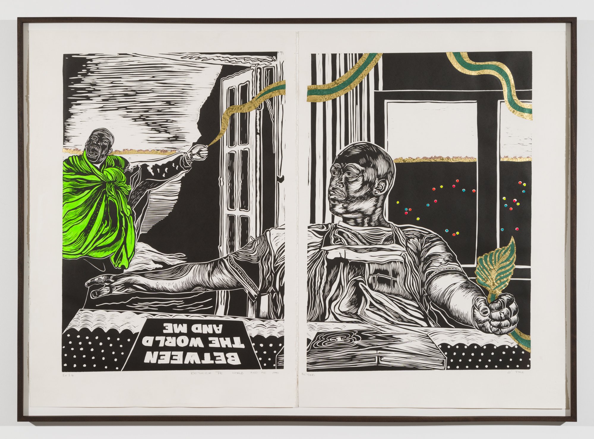 Phumelele Tshabalala,  BETWEEN THE WORLD AND ME , 2021, linoleum print, collage and hand-painted on paper, two parts, unique, 33 1/8 x 47 3/8 inches, 84 x 120.3 cm