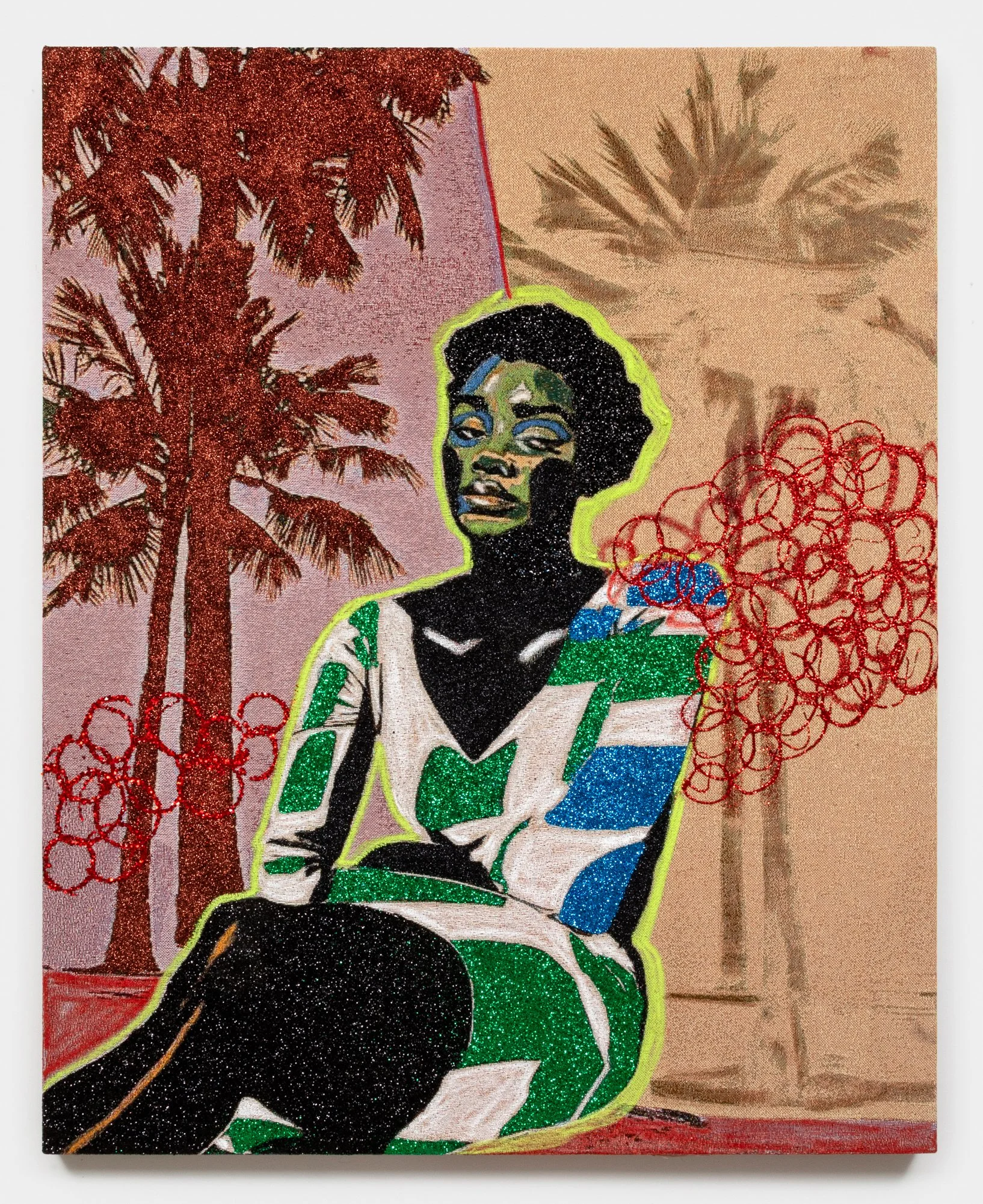 Akea Brionne 
 Before the Weather Changed , 2025 
Jacquard, glitter, adhesive, oil stick 
60 x 48 inches 
152.4 x 121.92 cm