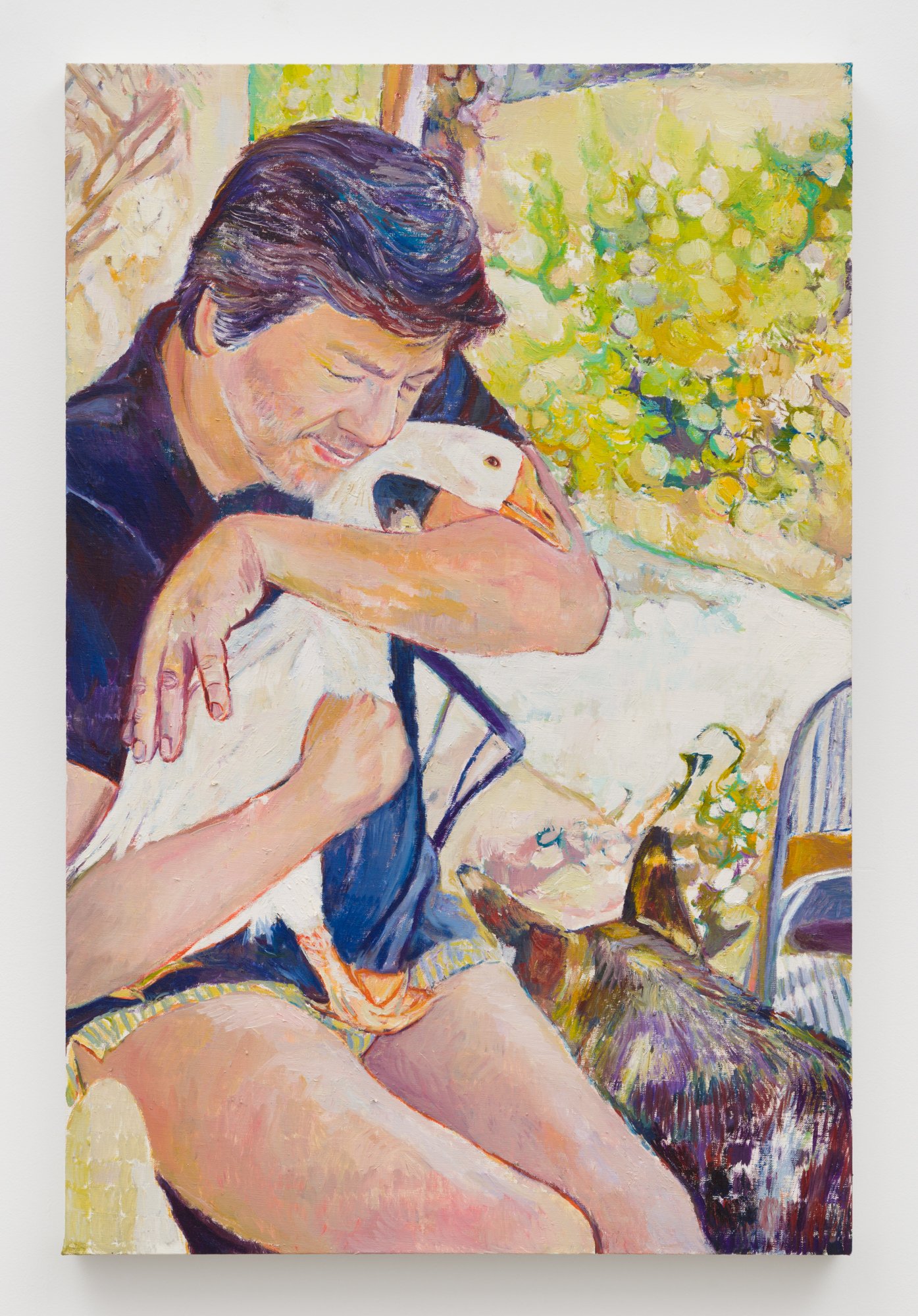 Keith Mayerson,  My Husband Andrew and Goldie our Goose , 2017, Oil on linen, 30 x 20 inches, 76.2 x 50.8 cm