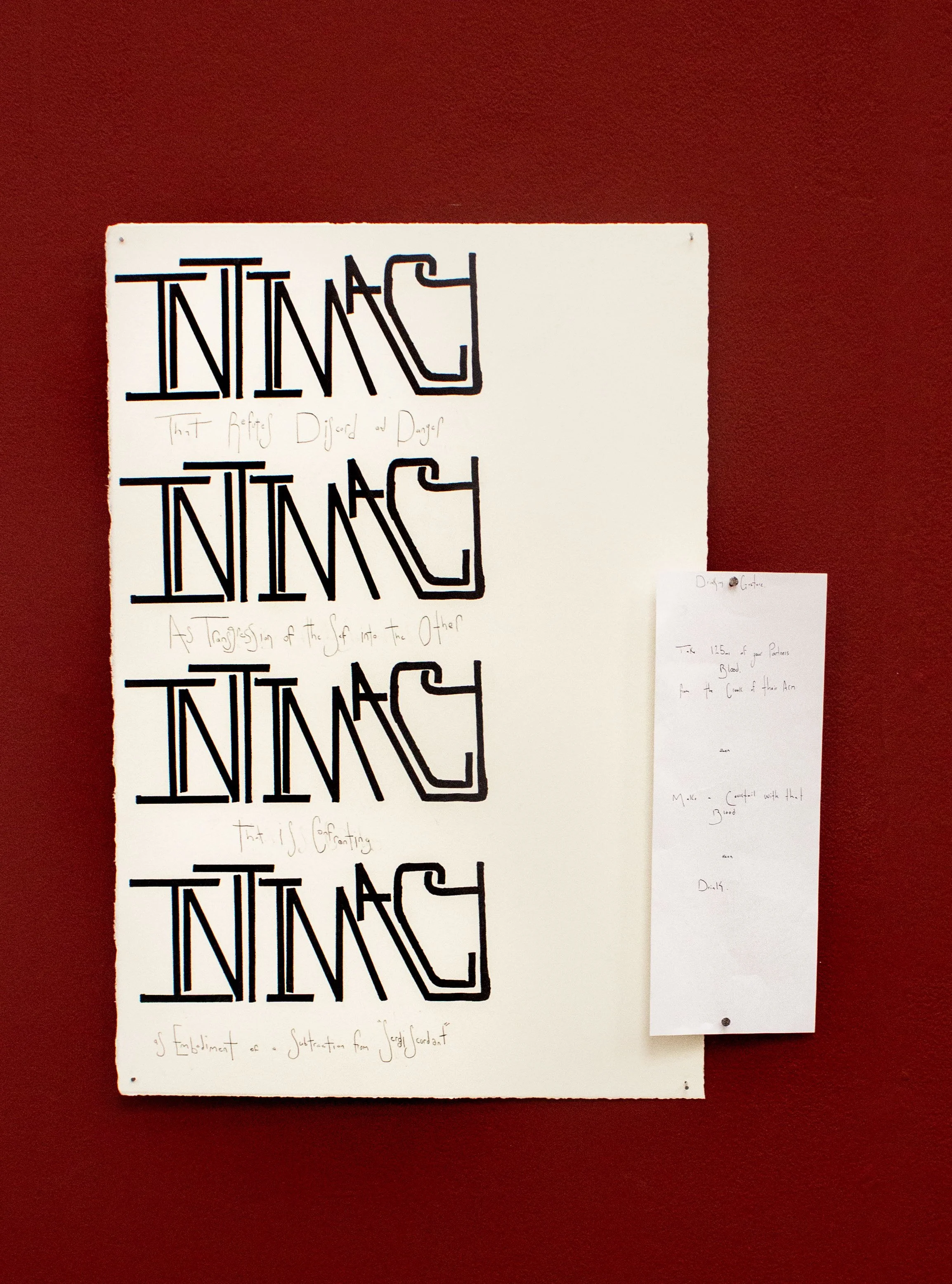 'INTIMACY THAT IS'
LITHOGRAPH, CARBON PAPER TRANSFER WITH IRON NAIL
2026

'DRINKING GESTURE (INSTRUCTION)'
COPY PAPER, PEN
2026
