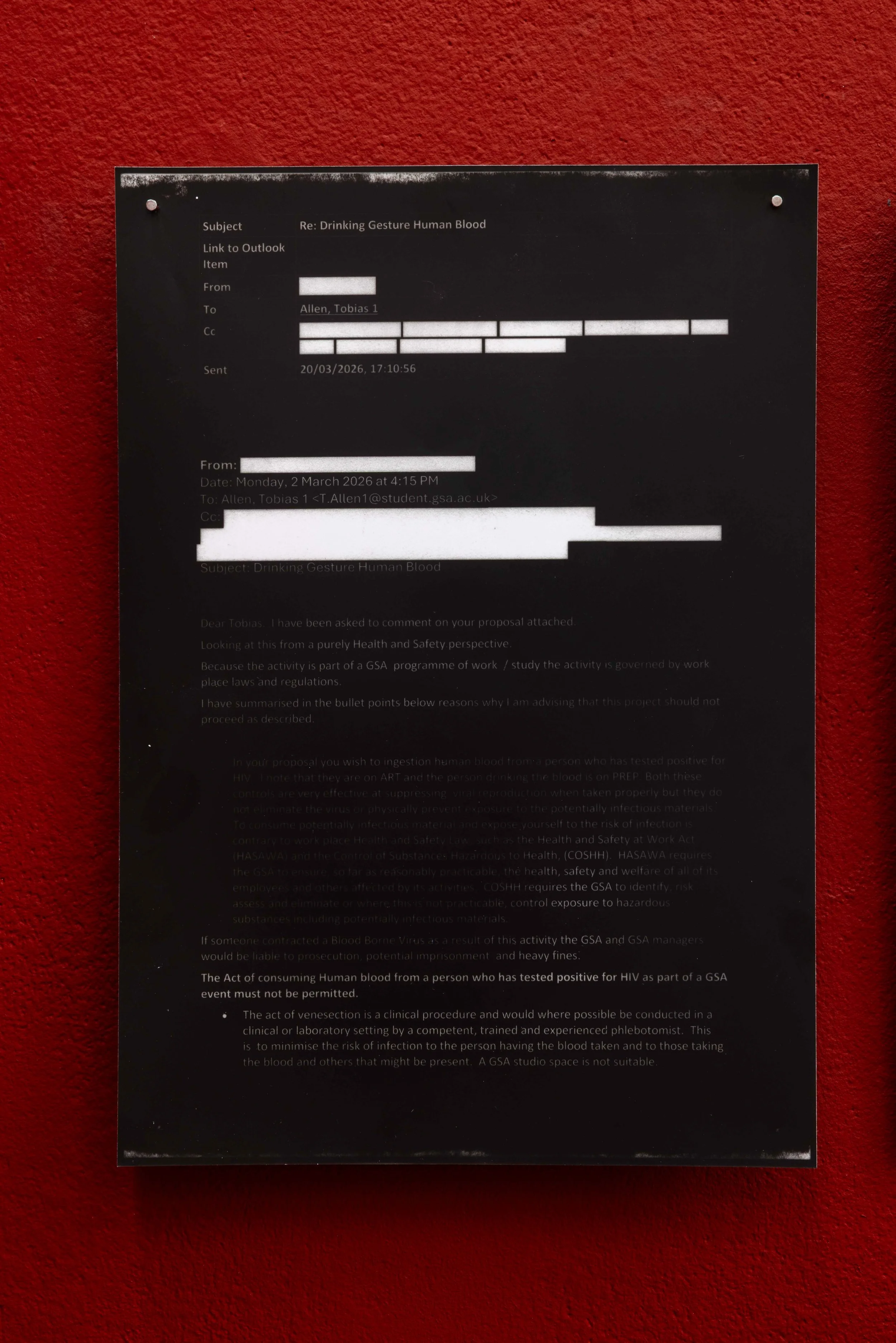 'AN EMAIL IS AN IMAGE IS AN INSTRUCTION (EXCERPT),
PHOTOGRAMS ON ILFORD MGRC RESIN COATED PAPER, INKJET ON COPY PAPER
2026'