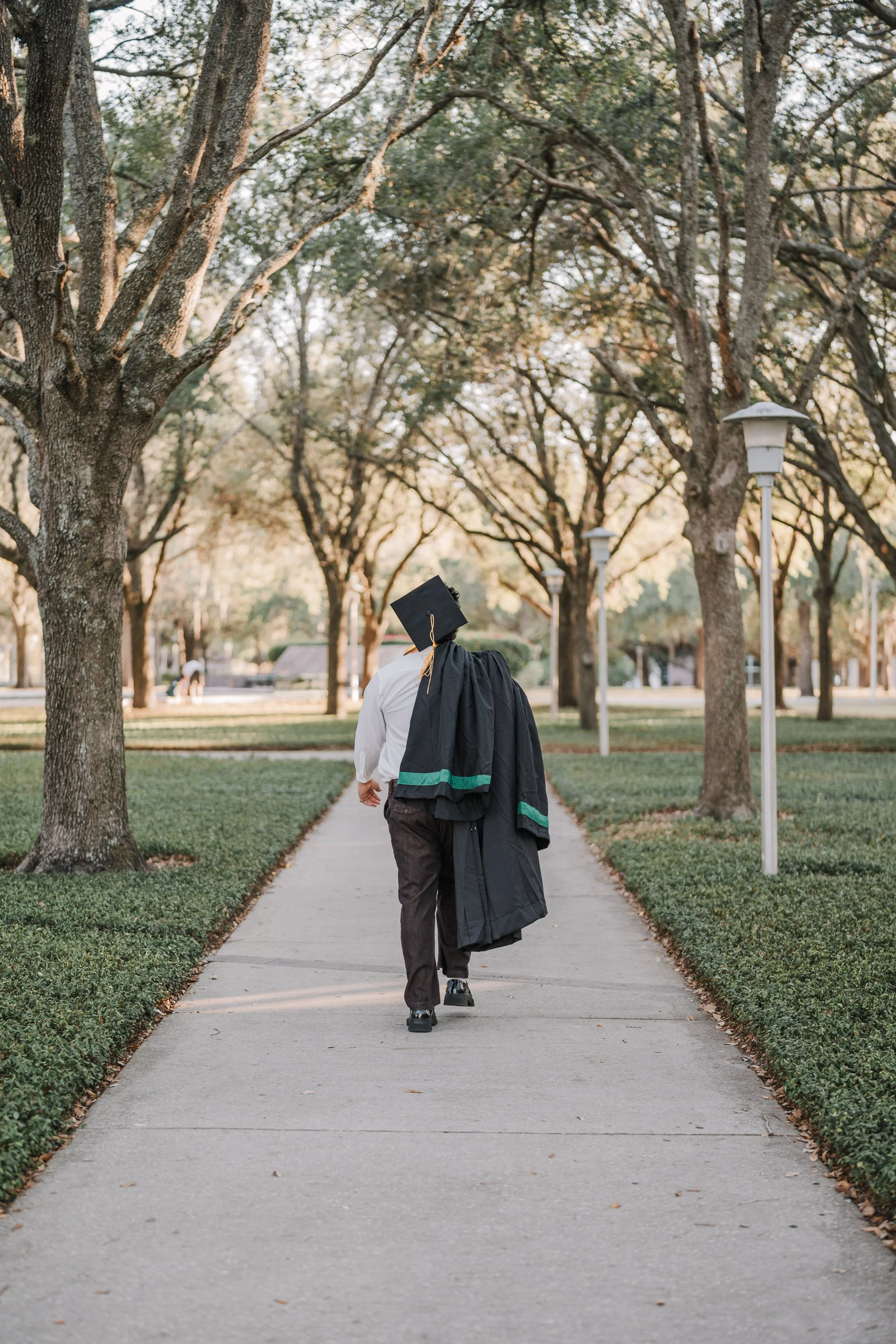 A graduate in a cap and gown walking down a sidewalk lined with trees during daytime.