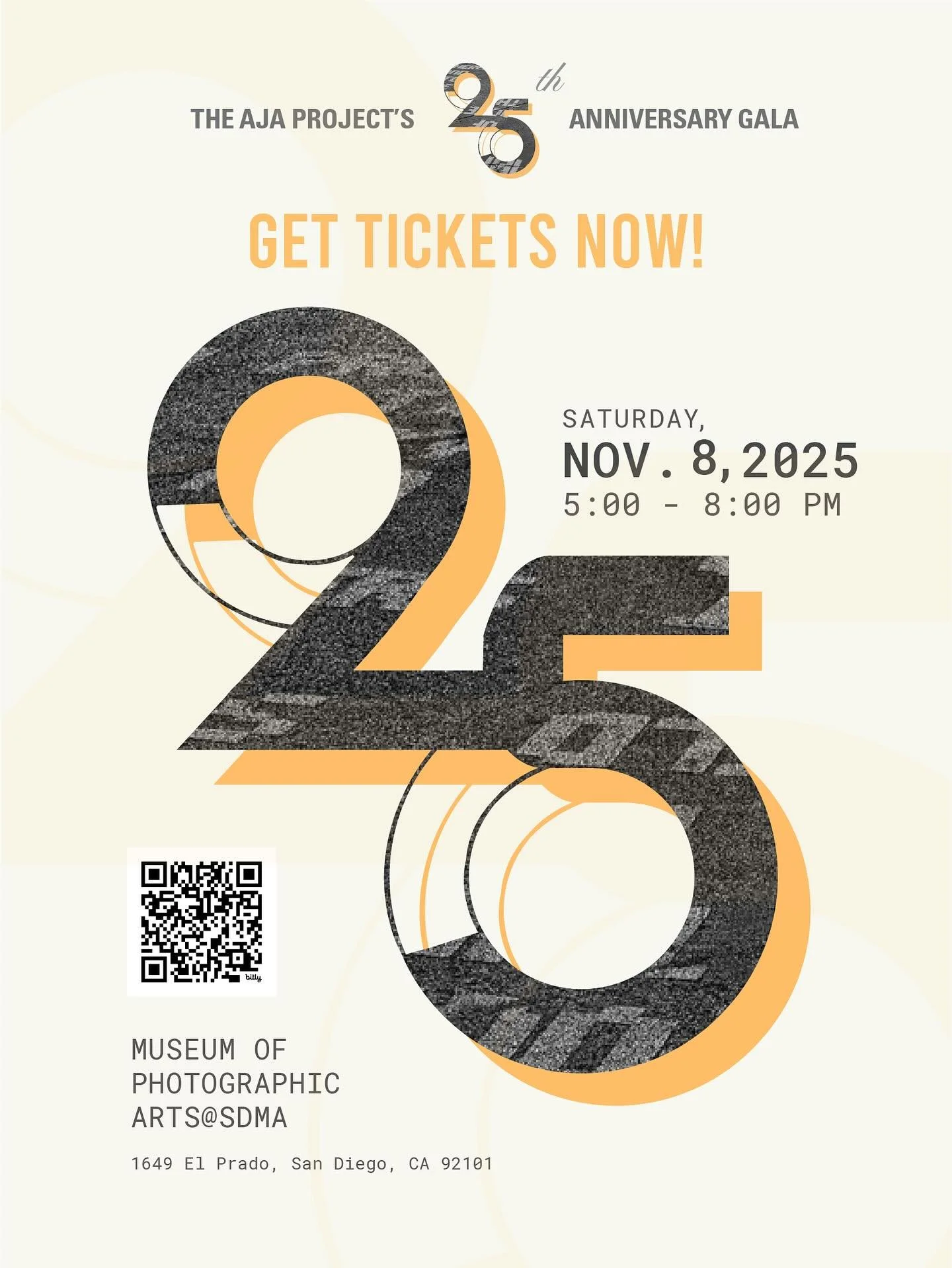 GET YOUR TICKETS NOW! 🎟️
Tickets available in our link in bio!
November 8th, 2025
5:00 &ndash; 8:00 PM
The AjA Project is turning 25 years 🎂✨ and we can&rsquo;t wait to celebrate this milestone with you! Join us for an evening of art, reflection, a
