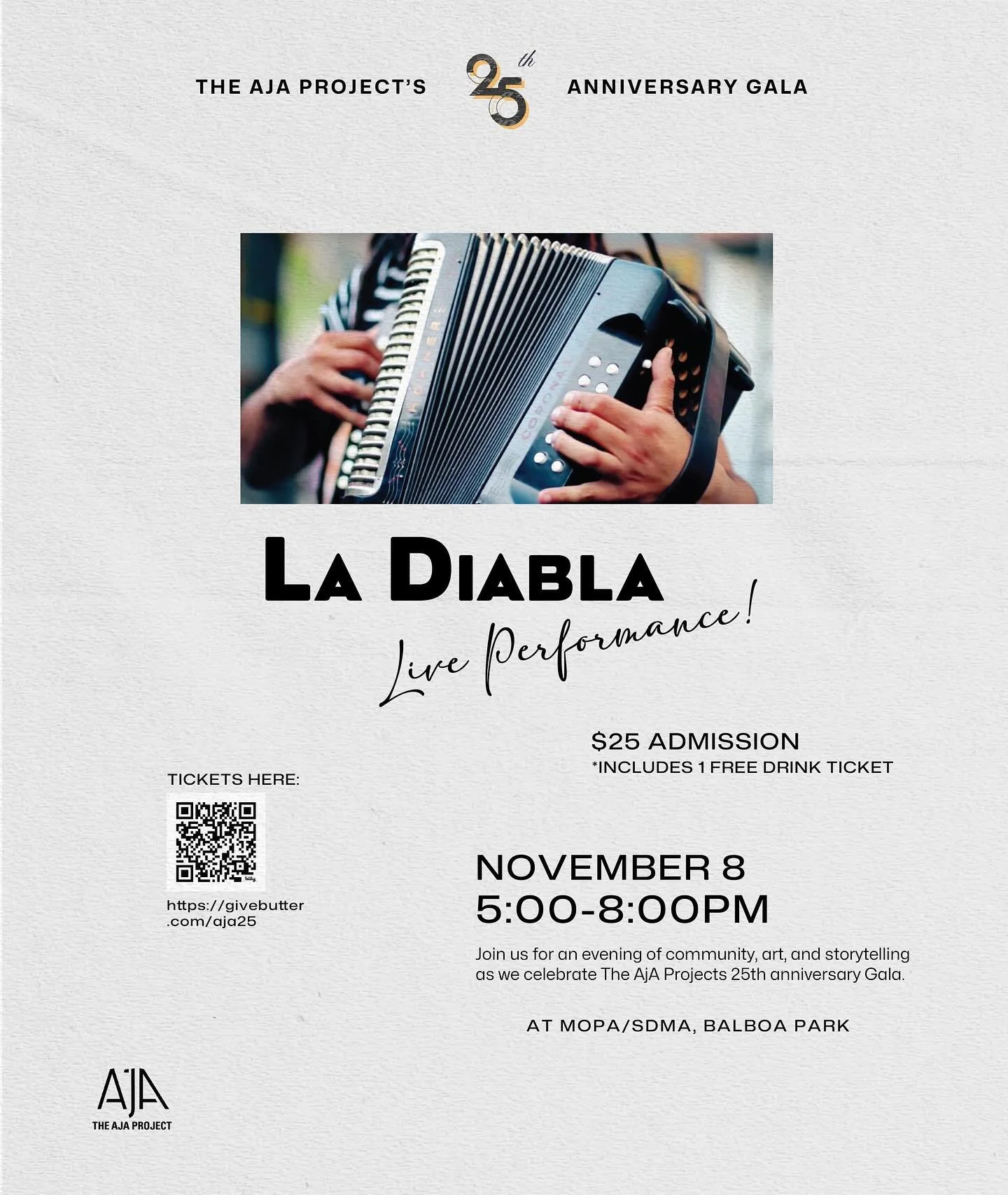 Join us for performances, community, art and storytelling to celebrate the AJA Projects 25th Anniversary Gala! Tickets can be purchased in our bio! 
Or at https://givebutter.com/aja25
When: Saturday, November 8
Time: 5-8PM
Where: Museum of Photograp