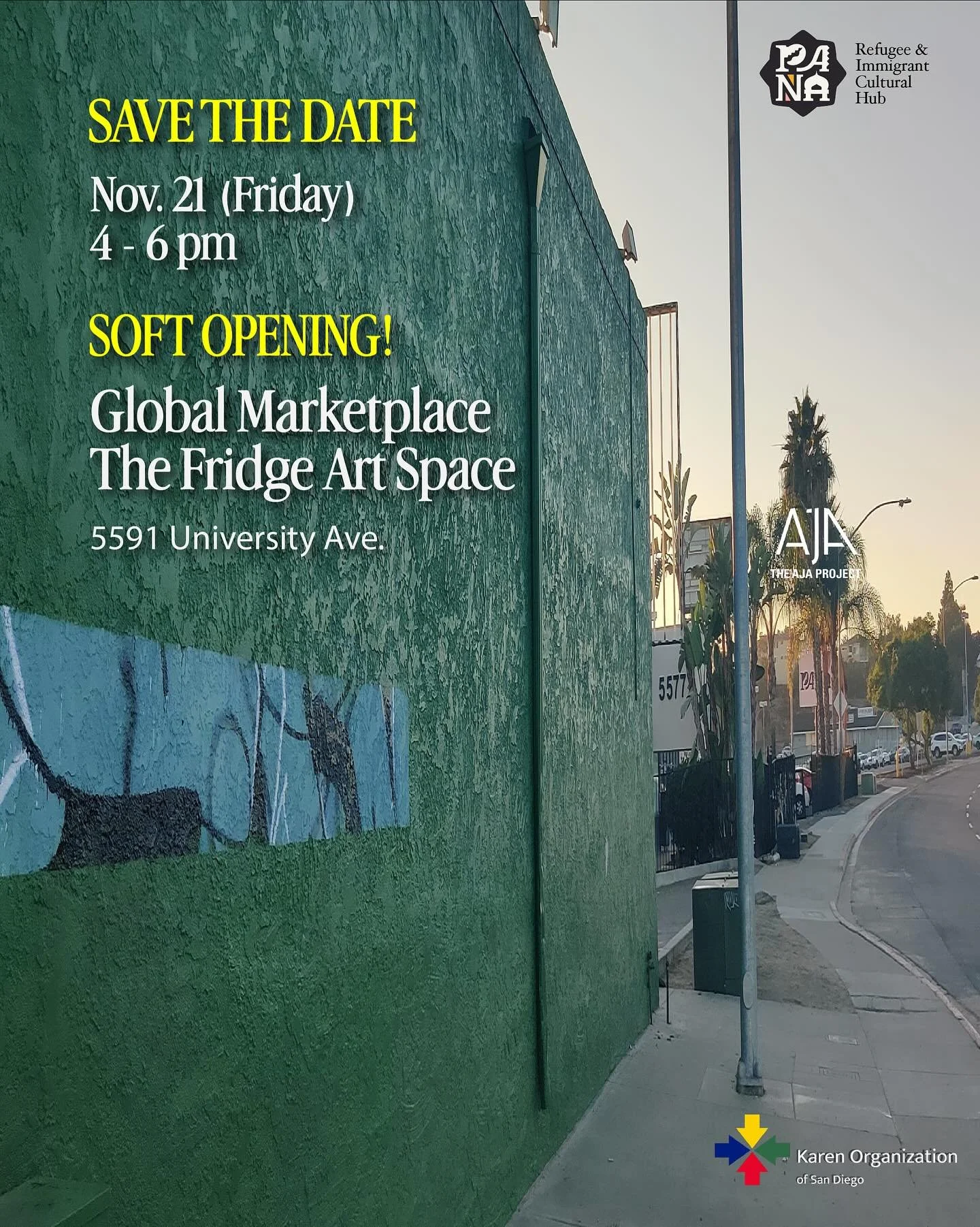 📣 Save the DATE!!
🗓️ Nov 21 (Friday) | ⏰ 4&ndash;6 PM
🎨 Soft Opening of &ldquo;The Fridge&rdquo; Art Space and Global Marketplace

📍 Location: 5591 University Ave. (Green building next to PANA&rsquo;s office)

We have finally transformed the liqu