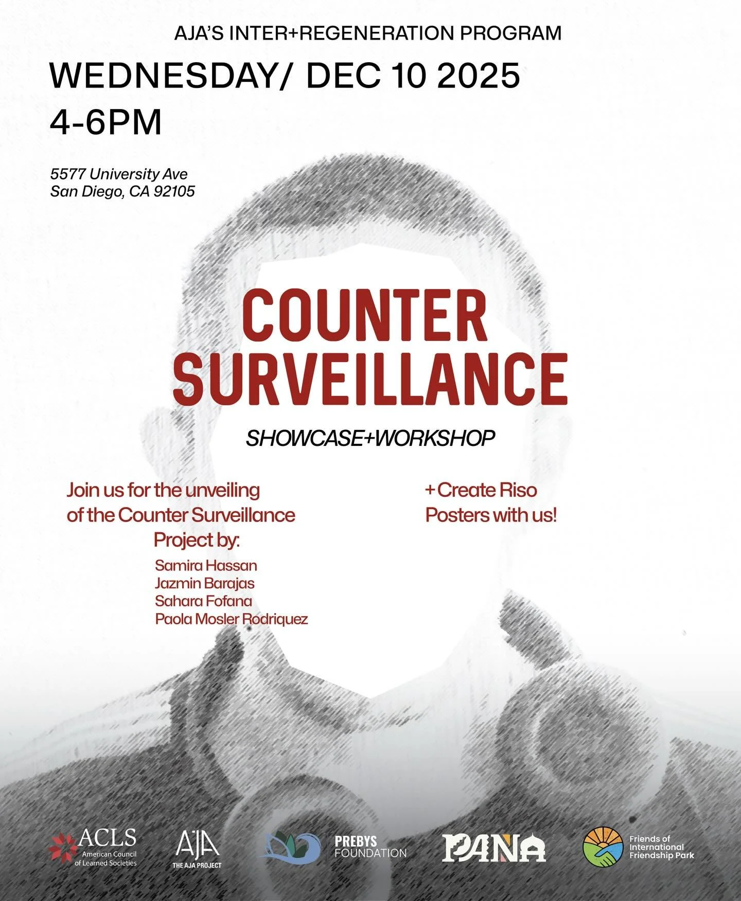 Join us for an unveiling of the Counter Surveillance project on the consequences of surveillance technology on our safety and wellbeing as part of the Inter + Regeneration program and create Riso Posters with us during our workshop! 

Location: 5577 