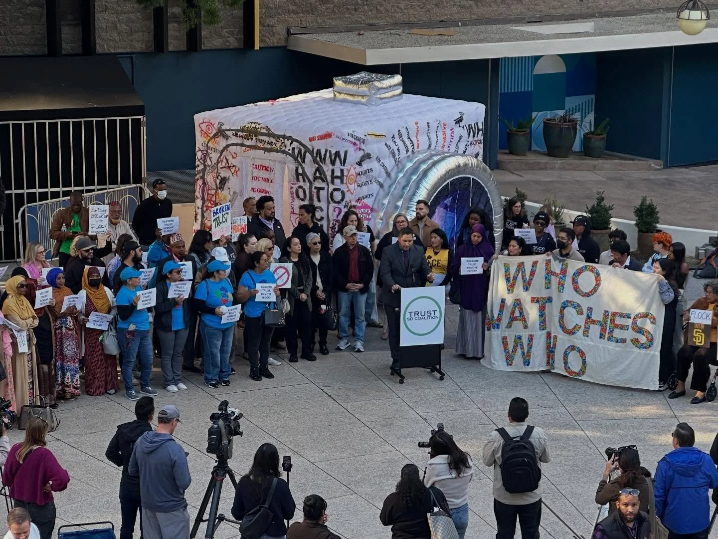 Today at December 9th at 2pm, SD city will vote on whether to keep the Flock Automatic License Plate Reader system in the city. 
Flock is a company known to breach data by passing them to ICE, and cannot be trusted. 

This past week, we joined other 