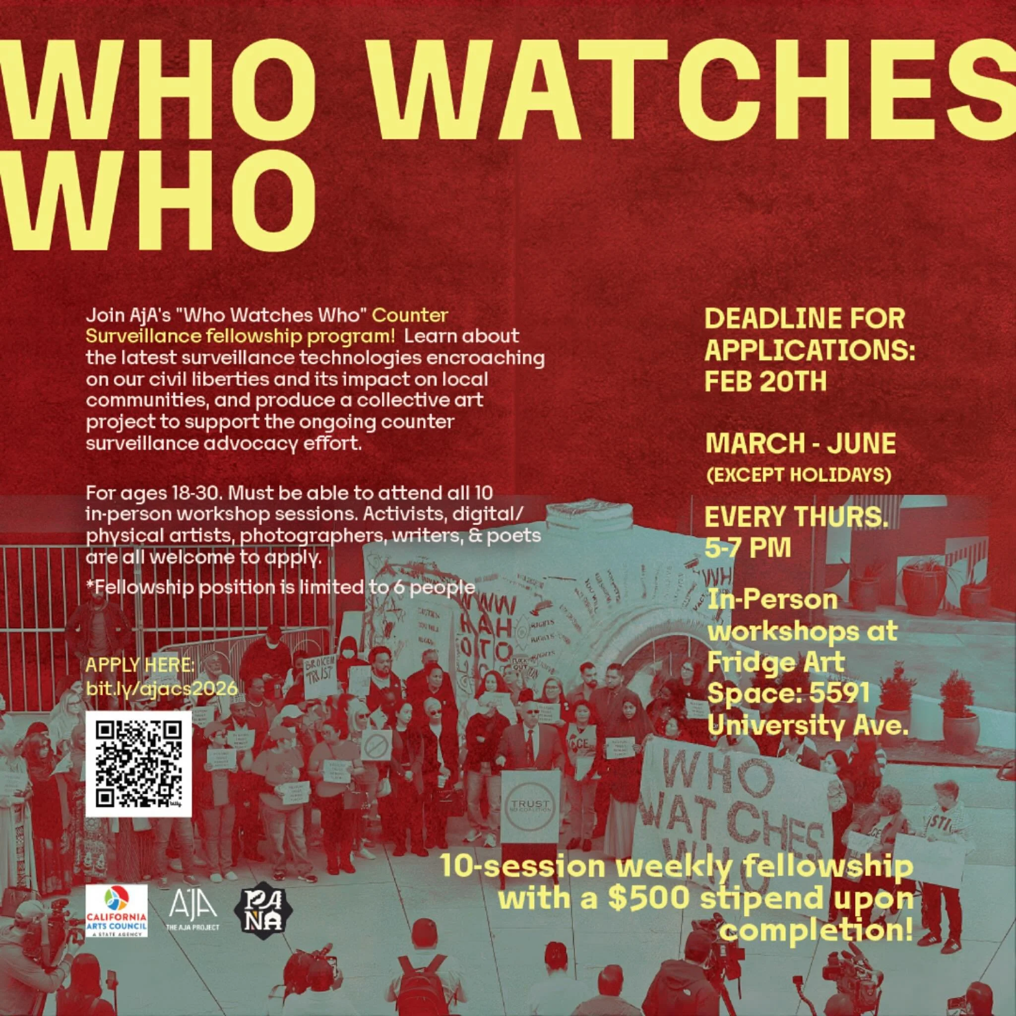 Calling on artists, activists, writers, and poets! Join AjA&rsquo;s WHO WATCHES WHO! COUNTERSURVEILLANCE Fellowship Program! Learn about the latest surveillance policies and technologies encroaching on our civil liberties and their impact on our comm
